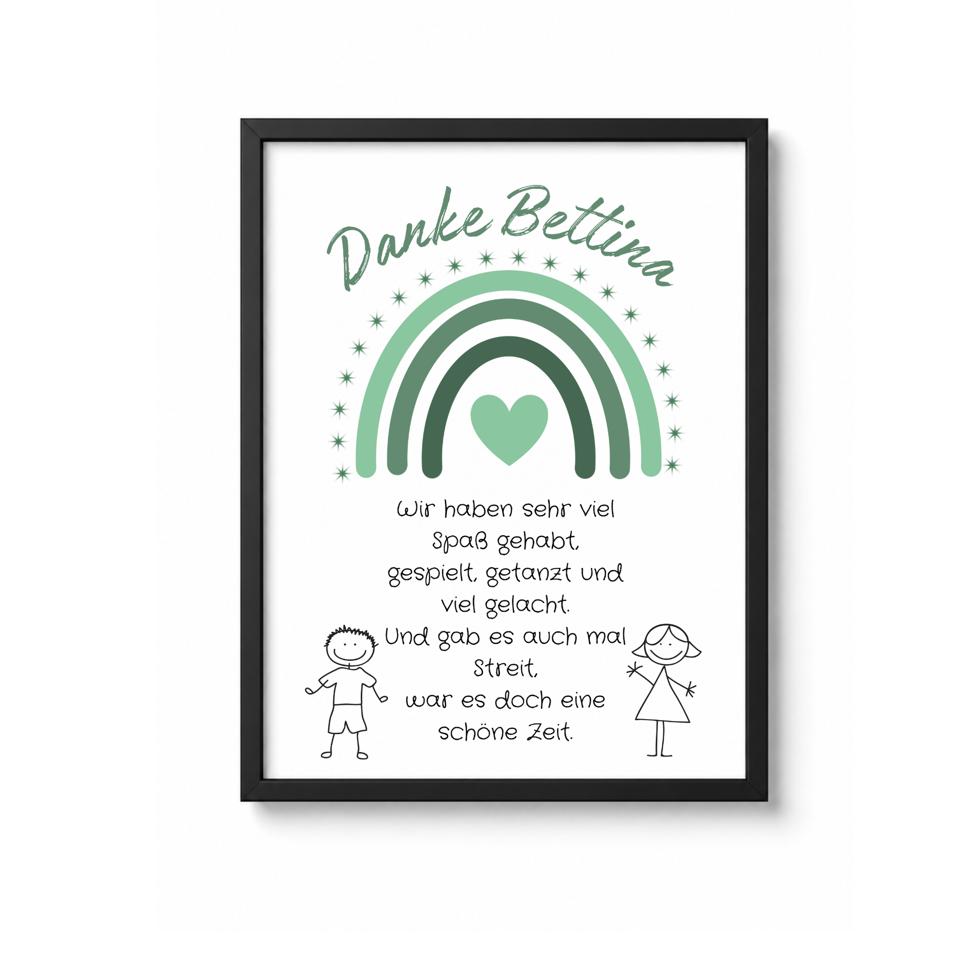Personalisiertes Abschied Erzieherin Poster mit grünem Regenbogen, Herz und Abschiedsspruch im Boho Stil als DIN A4 Printable zum Ausdrucken