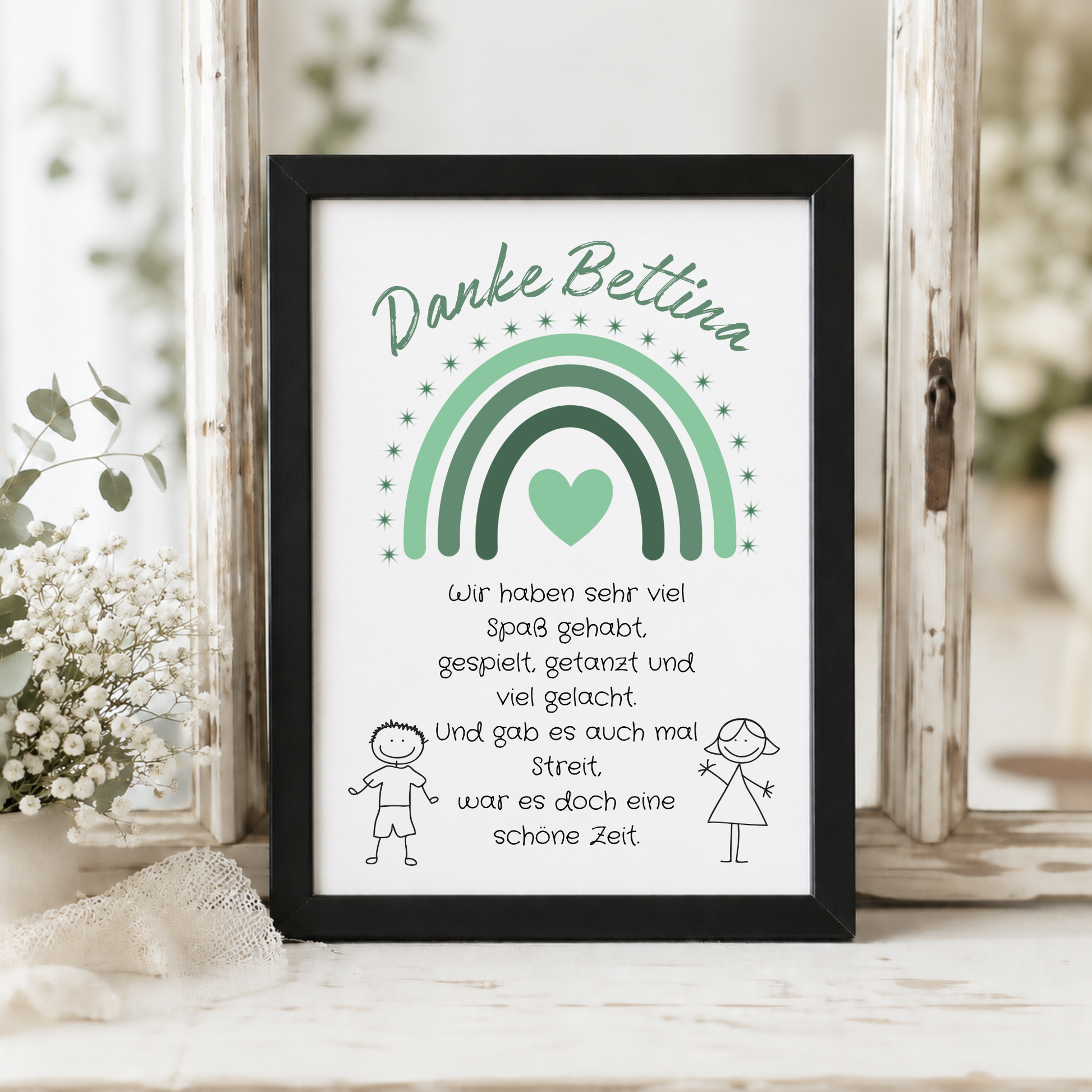 Personalisiertes Abschied Erzieherin Poster mit grünem Regenbogen, Herz und Abschiedsspruch im Boho Stil als DIN A4 Printable zum Ausdrucken