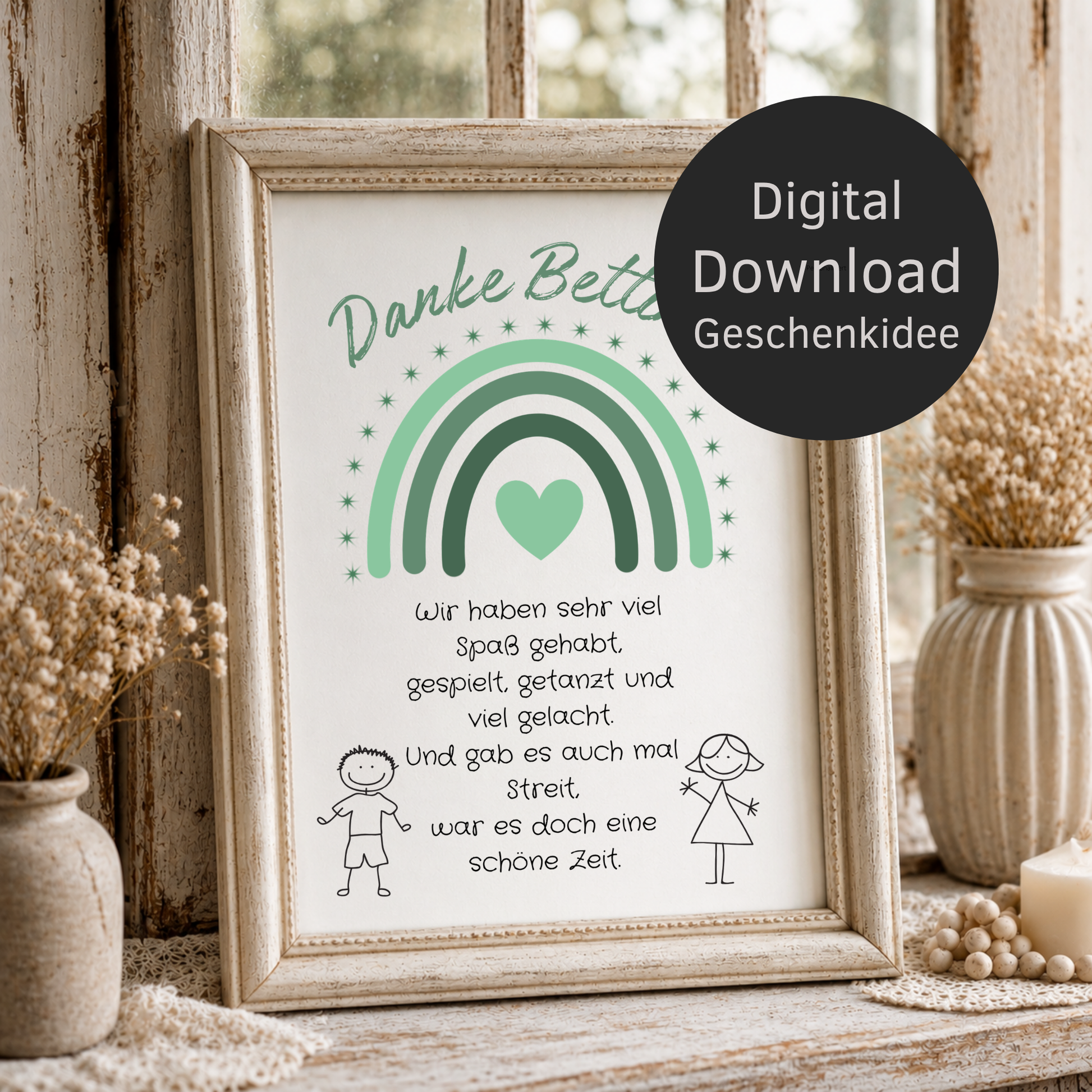 Personalisiertes Abschied Erzieherin Poster mit grünem Regenbogen, Herz und Abschiedsspruch im Boho Stil als DIN A4 Printable zum Ausdrucken