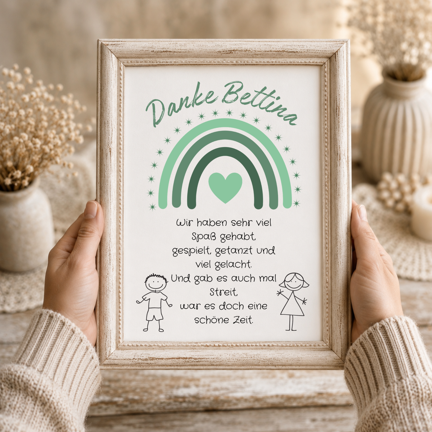 Personalisiertes Abschied Erzieherin Poster mit grünem Regenbogen, Herz und Abschiedsspruch im Boho Stil als DIN A4 Printable zum Ausdrucken