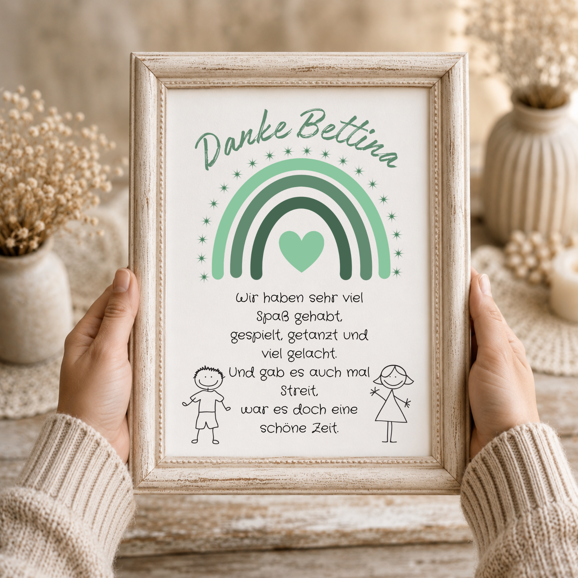 Personalisiertes Abschied Erzieherin Poster mit grünem Regenbogen, Herz und Abschiedsspruch im Boho Stil als DIN A4 Printable zum Ausdrucken