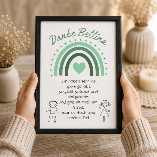 Personalisiertes Abschied Erzieherin Poster mit grünem Regenbogen, Herz und Abschiedsspruch im Boho Stil als DIN A4 Printable zum Ausdrucken