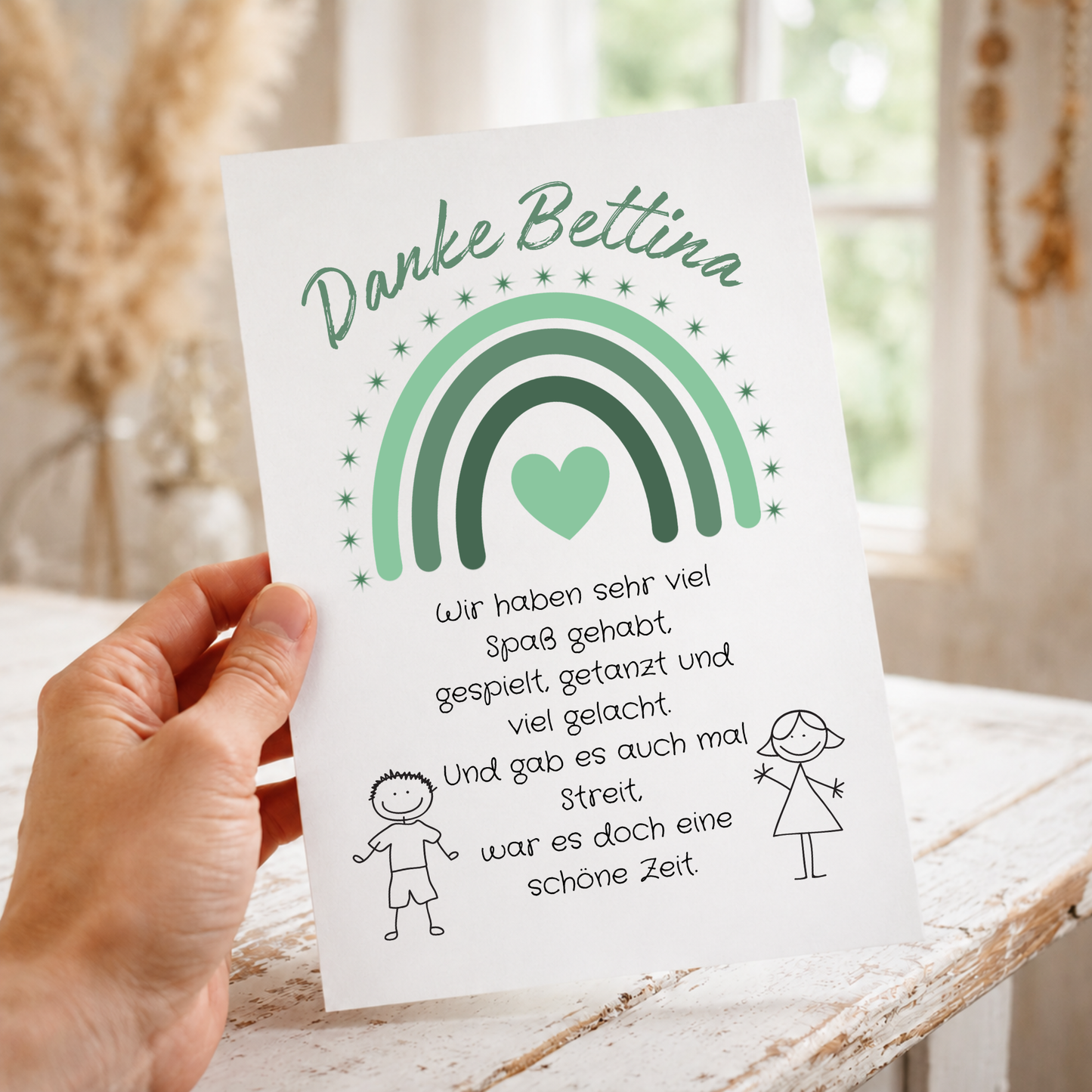 Personalisiertes Abschied Erzieherin Poster mit grünem Regenbogen, Herz und Abschiedsspruch im Boho Stil als DIN A4 Printable zum Ausdrucken