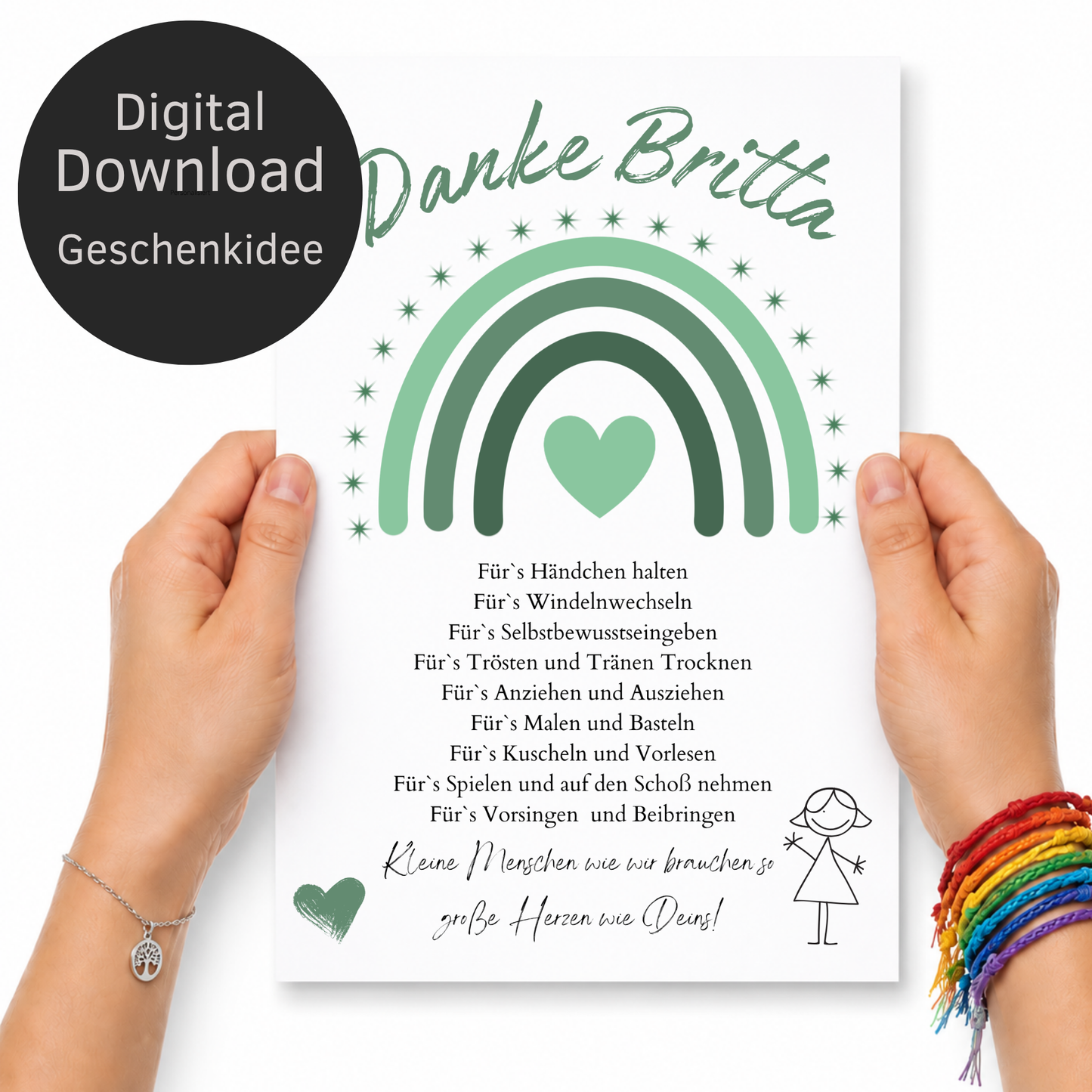 Personalisiertes Abschiedsgeschenk für Erzieherin im Kindergarten als DIN A4 Poster mit grünem Regenbogen, Herz und Dankespruch zum Ausdrucken und Einrahmen.