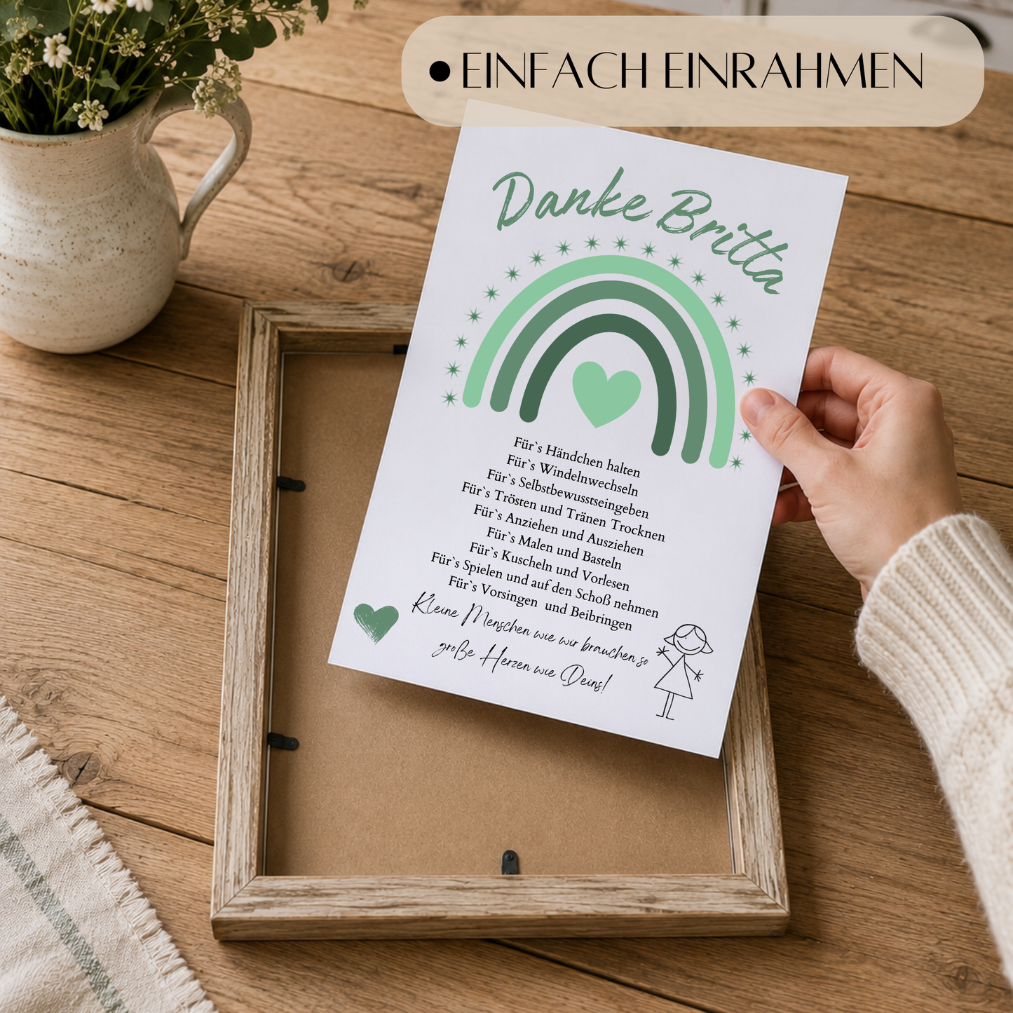 Personalisiertes Abschiedsgeschenk für Erzieherin im Kindergarten als DIN A4 Poster mit grünem Regenbogen, Herz und Dankespruch zum Ausdrucken und Einrahmen.