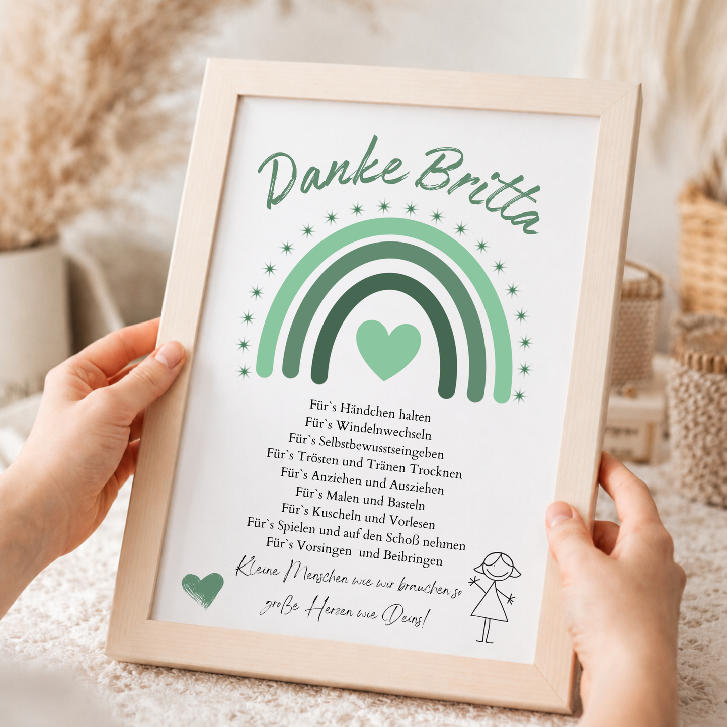 Personalisiertes Abschiedsgeschenk für Erzieherin im Kindergarten als DIN A4 Poster mit grünem Regenbogen, Herz und Dankespruch zum Ausdrucken und Einrahmen.
