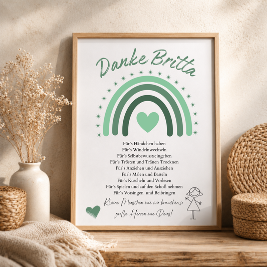 Personalisiertes Abschiedsgeschenk für Erzieherin im Kindergarten als DIN A4 Poster mit grünem Regenbogen, Herz und Dankespruch zum Ausdrucken und Einrahmen.