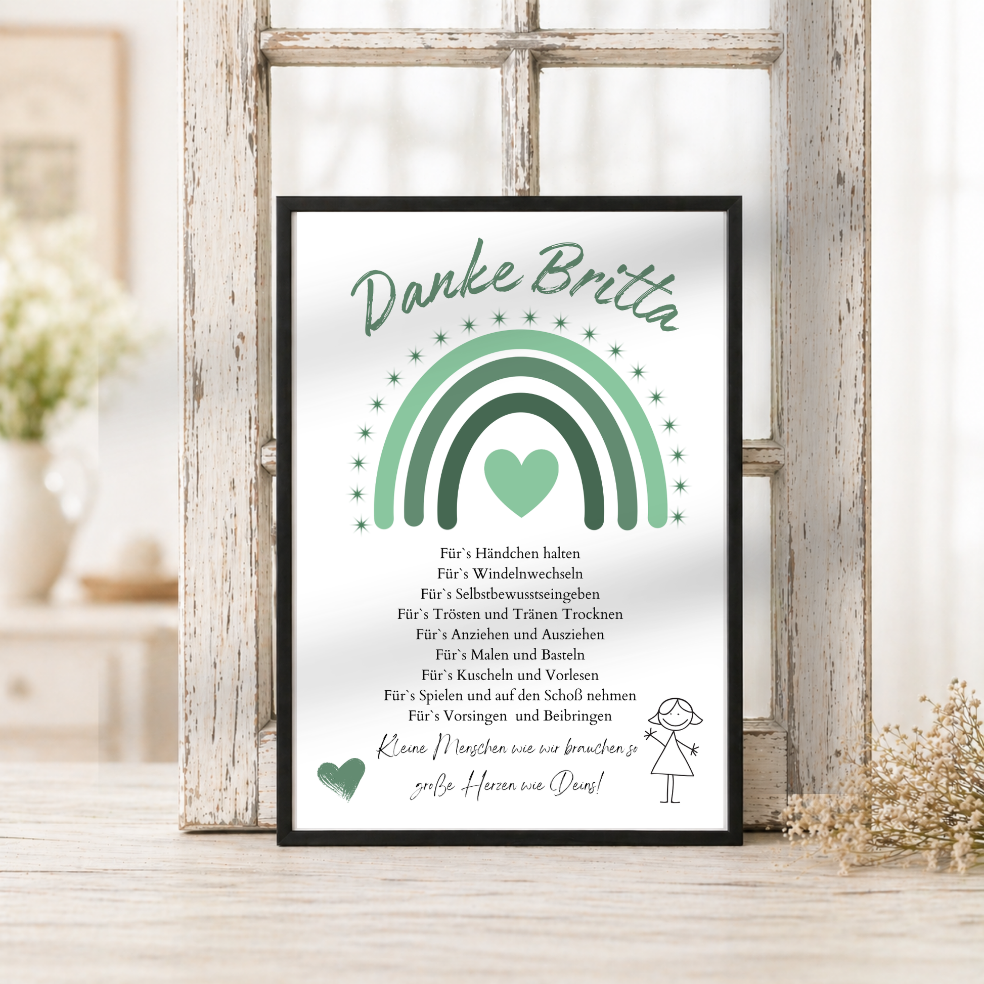 Personalisiertes Abschiedsgeschenk für Erzieherin im Kindergarten als DIN A4 Poster mit grünem Regenbogen, Herz und Dankespruch zum Ausdrucken und Einrahmen.