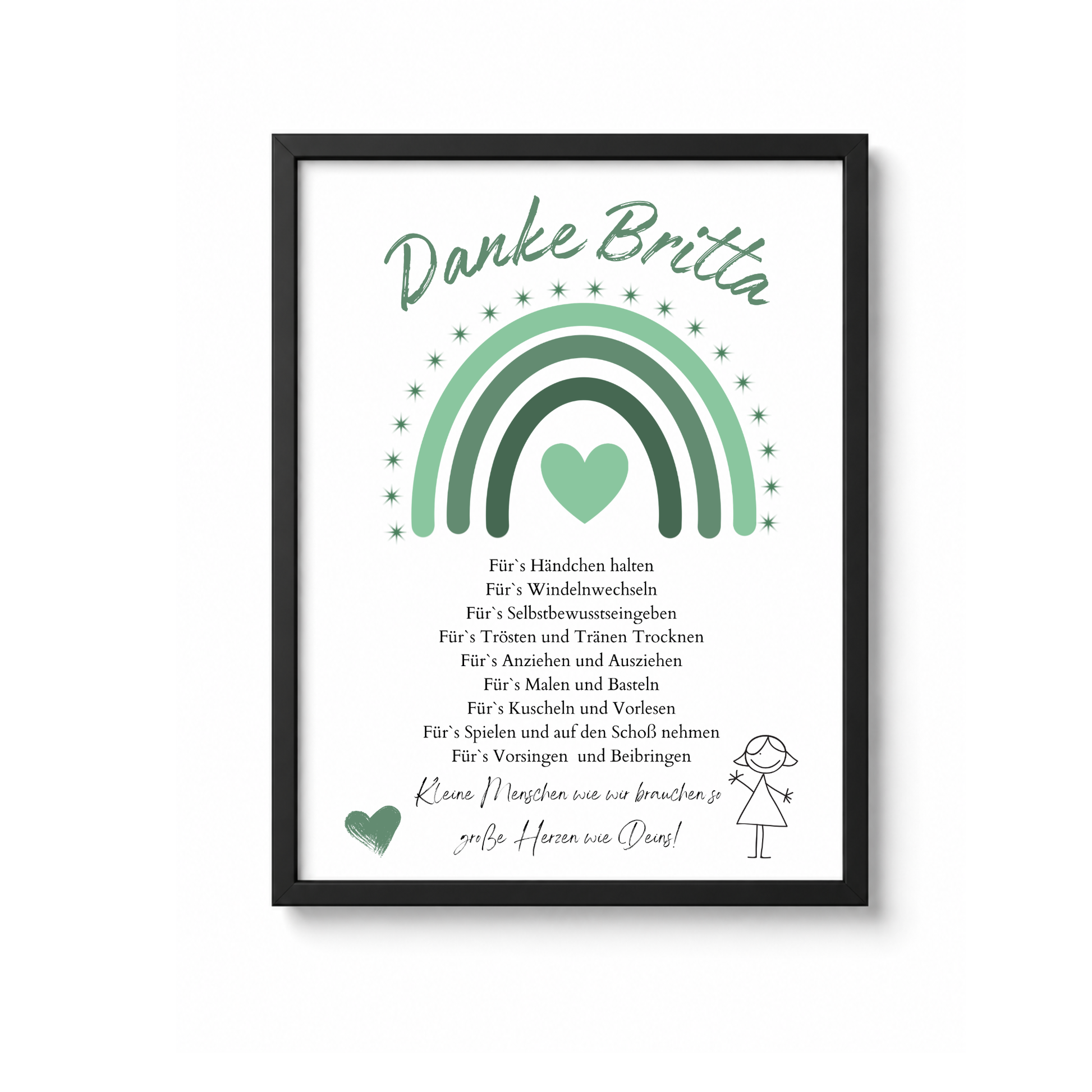 Personalisiertes Abschiedsgeschenk für Erzieherin im Kindergarten als DIN A4 Poster mit grünem Regenbogen, Herz und Dankespruch zum Ausdrucken und Einrahmen.