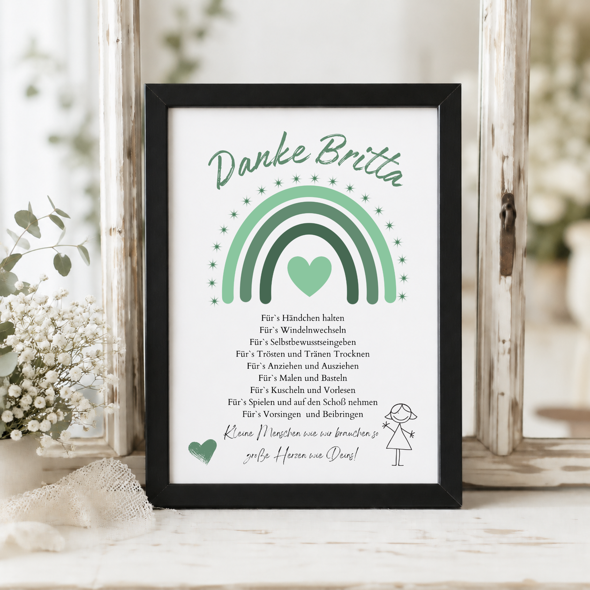 Personalisiertes Abschiedsgeschenk für Erzieherin im Kindergarten als DIN A4 Poster mit grünem Regenbogen, Herz und Dankespruch zum Ausdrucken und Einrahmen.