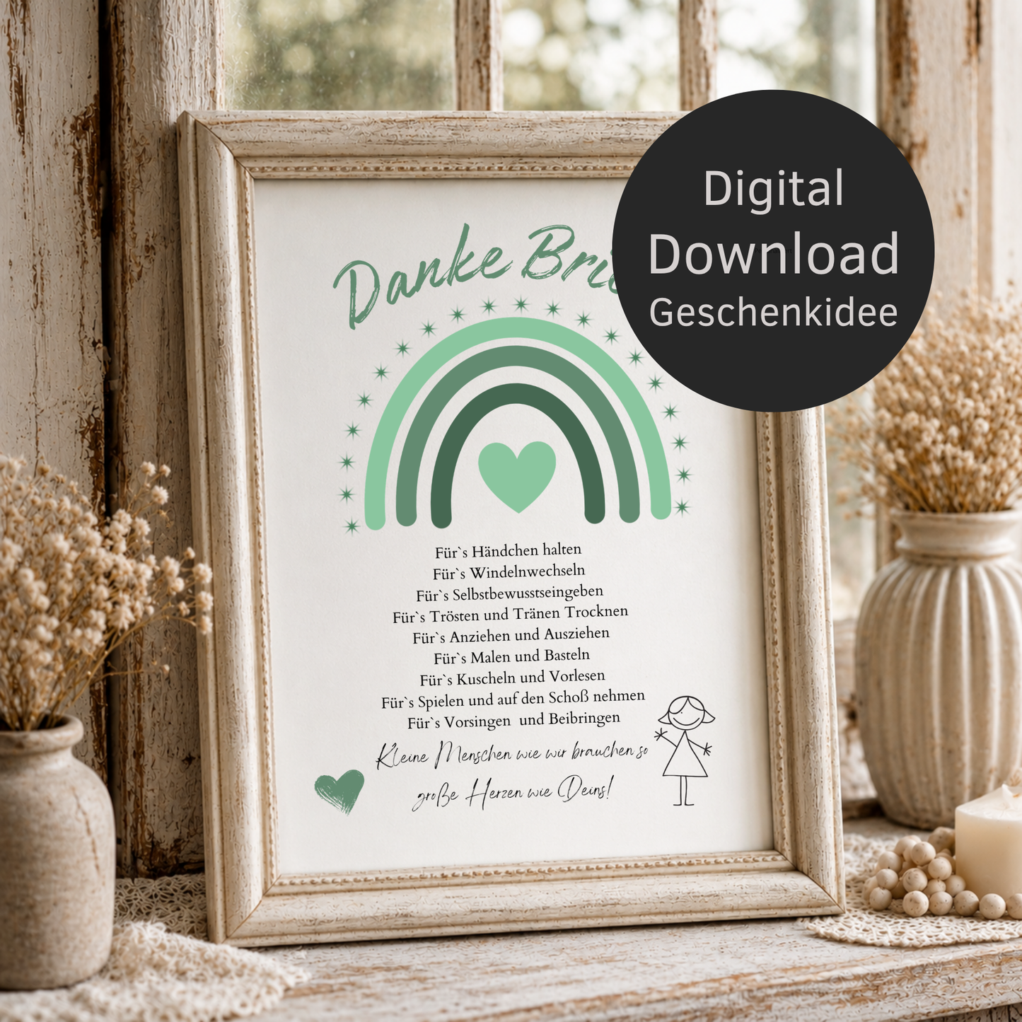 Personalisiertes Abschiedsgeschenk für Erzieherin im Kindergarten als DIN A4 Poster mit grünem Regenbogen, Herz und Dankespruch zum Ausdrucken und Einrahmen.