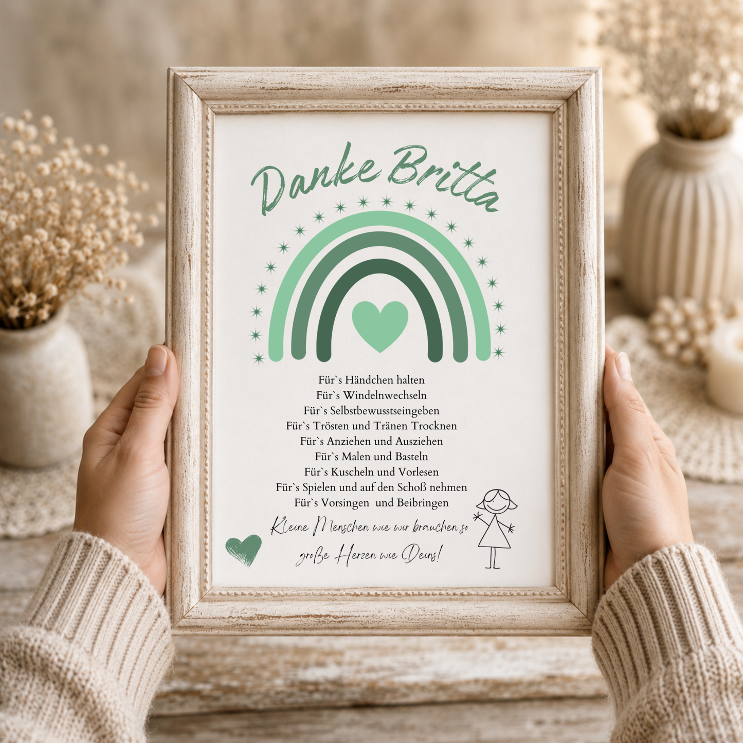 Personalisiertes Abschiedsgeschenk für Erzieherin im Kindergarten als DIN A4 Poster mit grünem Regenbogen, Herz und Dankespruch zum Ausdrucken und Einrahmen.