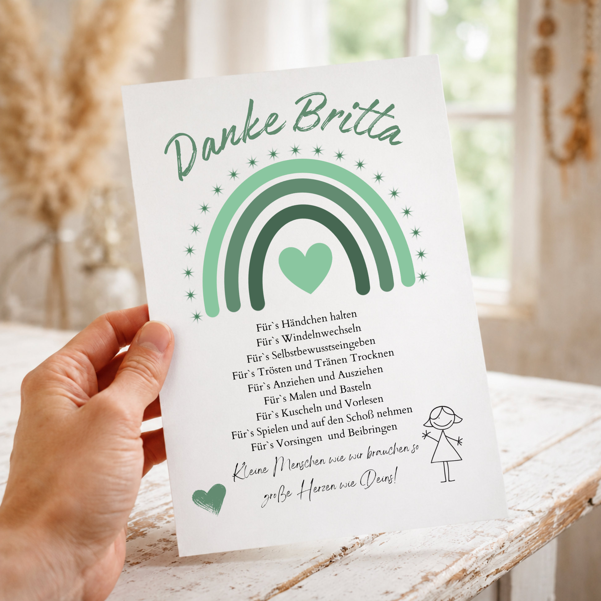 Personalisiertes Abschiedsgeschenk für Erzieherin im Kindergarten als DIN A4 Poster mit grünem Regenbogen, Herz und Dankespruch zum Ausdrucken und Einrahmen.