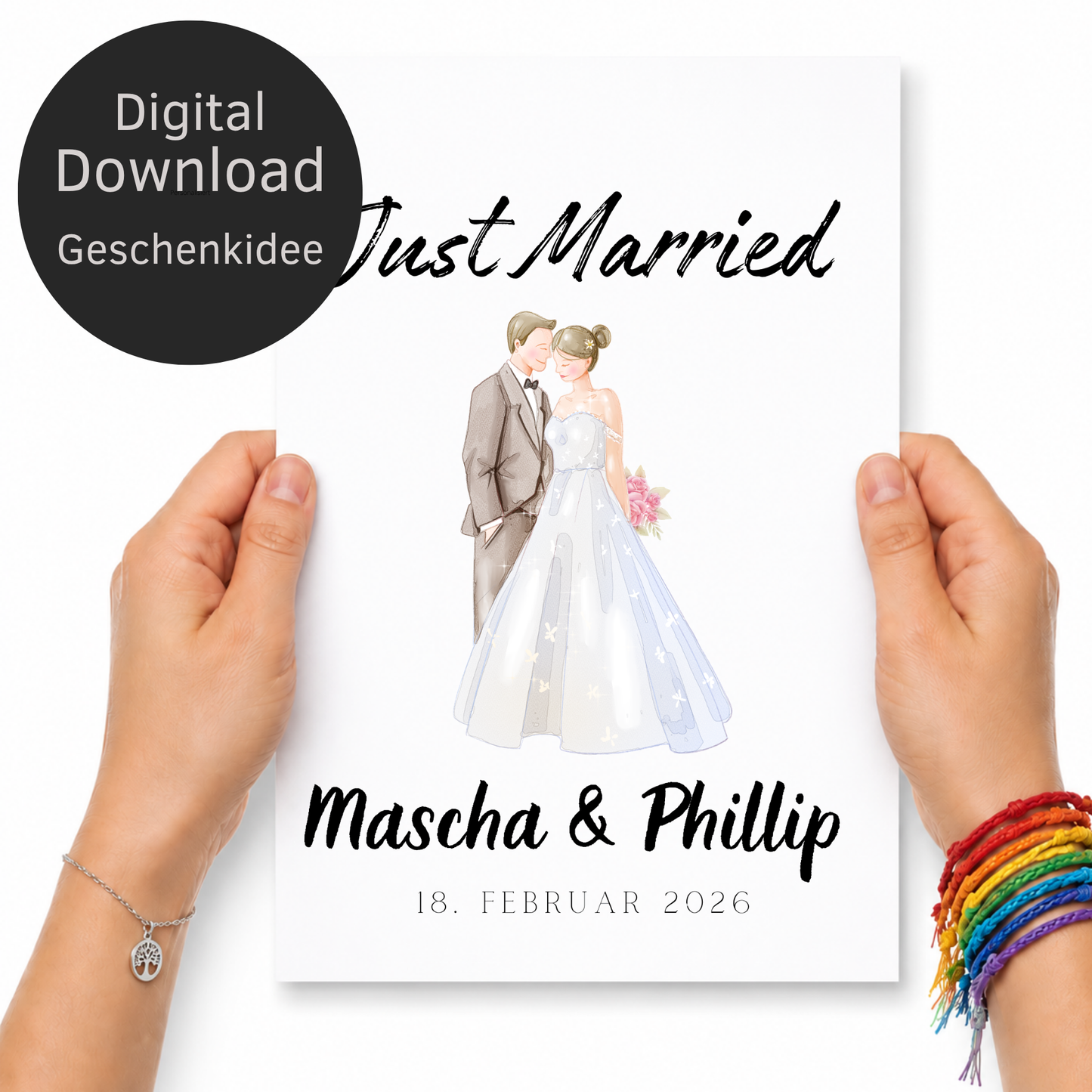 Personalisiertes Hochzeit Poster Just Married mit Brautpaar Illustration, Namen und Datum als Digital Download Printable in DIN A4 zum Ausdrucken und Einrahmen