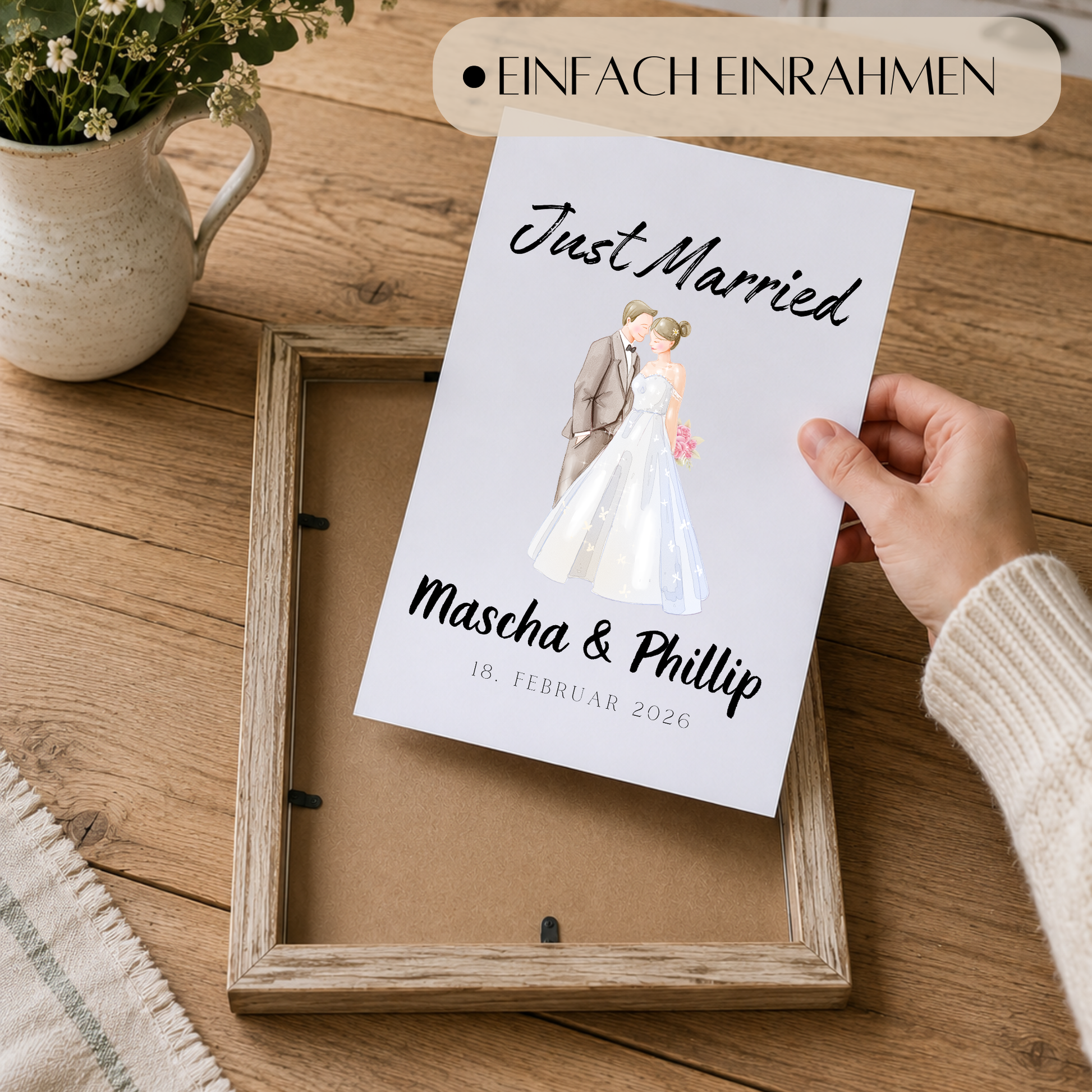 Personalisiertes Hochzeit Poster Just Married mit Brautpaar Illustration, Namen und Datum als Digital Download Printable in DIN A4 zum Ausdrucken und Einrahmen