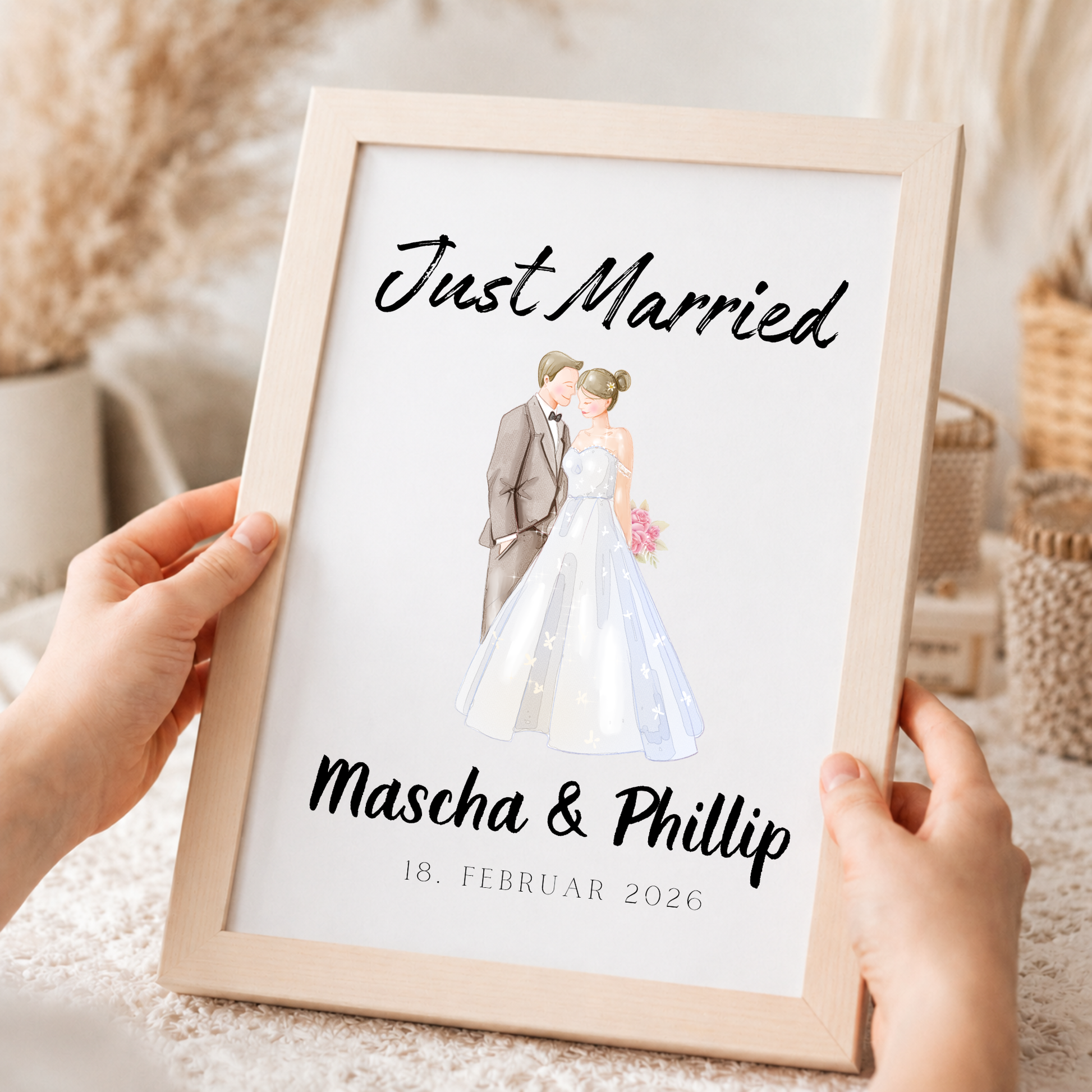 Personalisiertes Hochzeit Poster Just Married mit Brautpaar Illustration, Namen und Datum als Digital Download Printable in DIN A4 zum Ausdrucken und Einrahmen