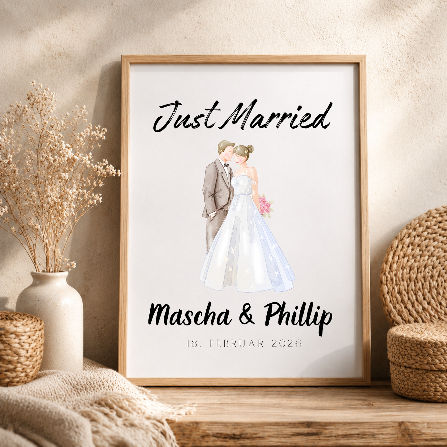 Personalisiertes Hochzeit Poster Just Married mit Brautpaar Illustration, Namen und Datum als Digital Download Printable in DIN A4 zum Ausdrucken und Einrahmen