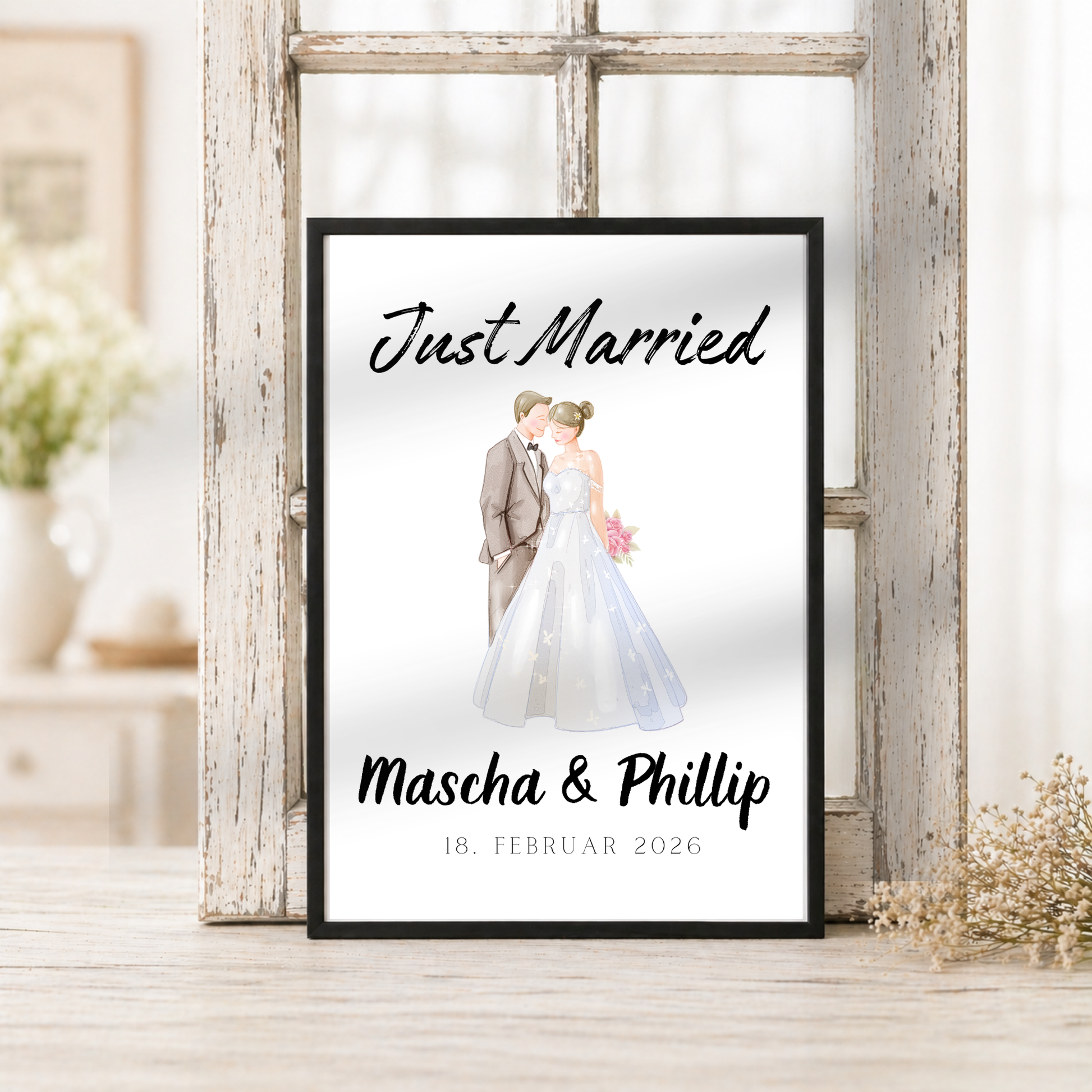 Personalisiertes Hochzeit Poster Just Married mit Brautpaar Illustration, Namen und Datum als Digital Download Printable in DIN A4 zum Ausdrucken und Einrahmen