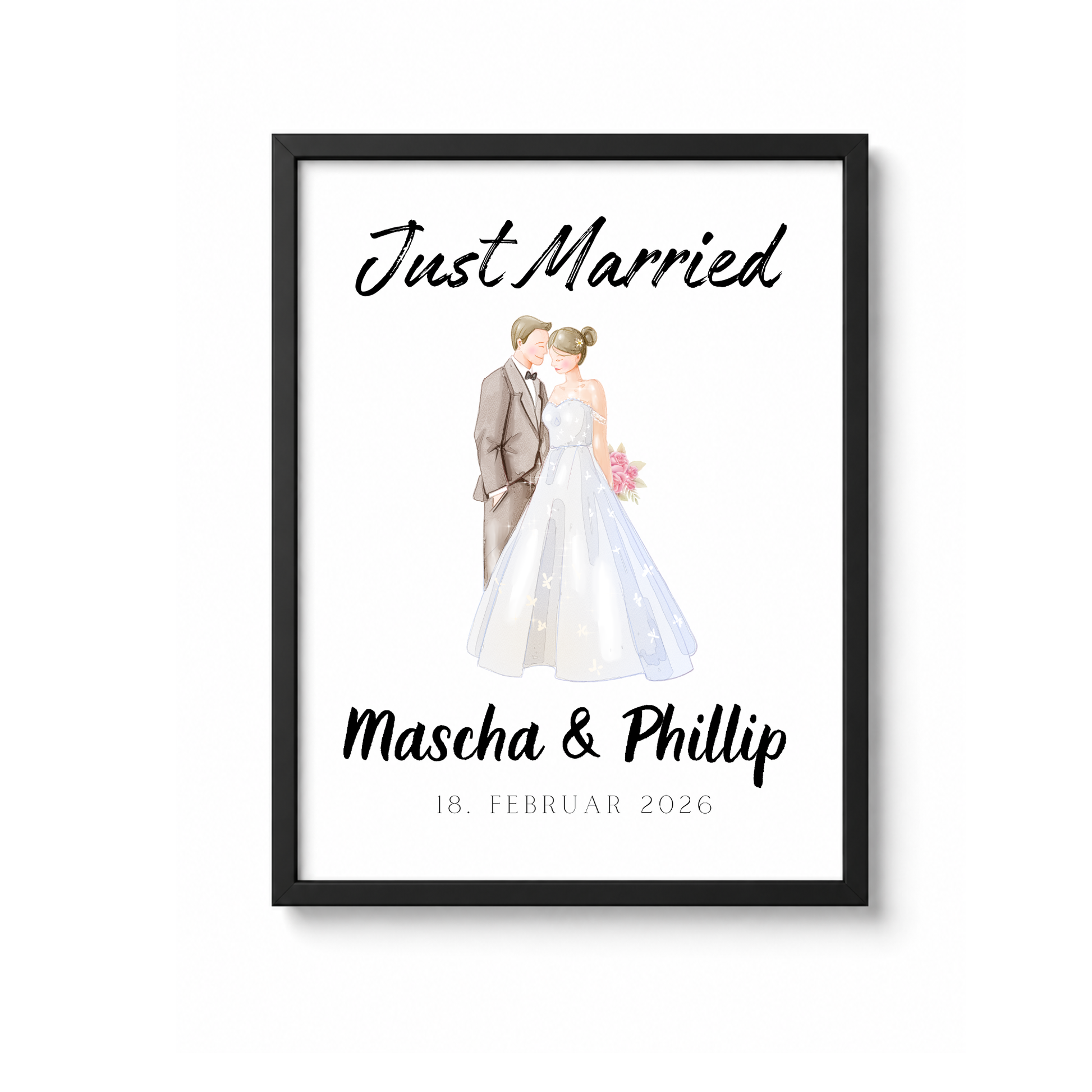 Personalisiertes Hochzeit Poster Just Married mit Brautpaar Illustration, Namen und Datum als Digital Download Printable in DIN A4 zum Ausdrucken und Einrahmen