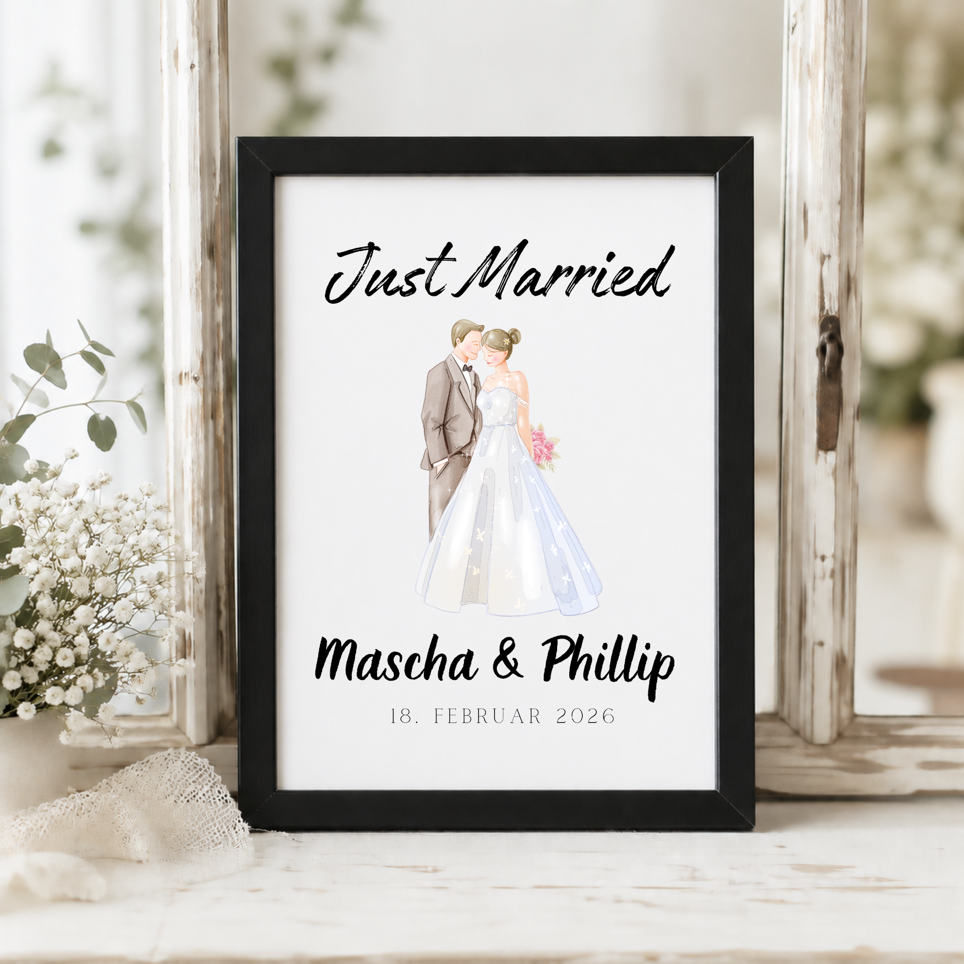 Personalisiertes Hochzeit Poster Just Married mit Brautpaar Illustration, Namen und Datum als Digital Download Printable in DIN A4 zum Ausdrucken und Einrahmen