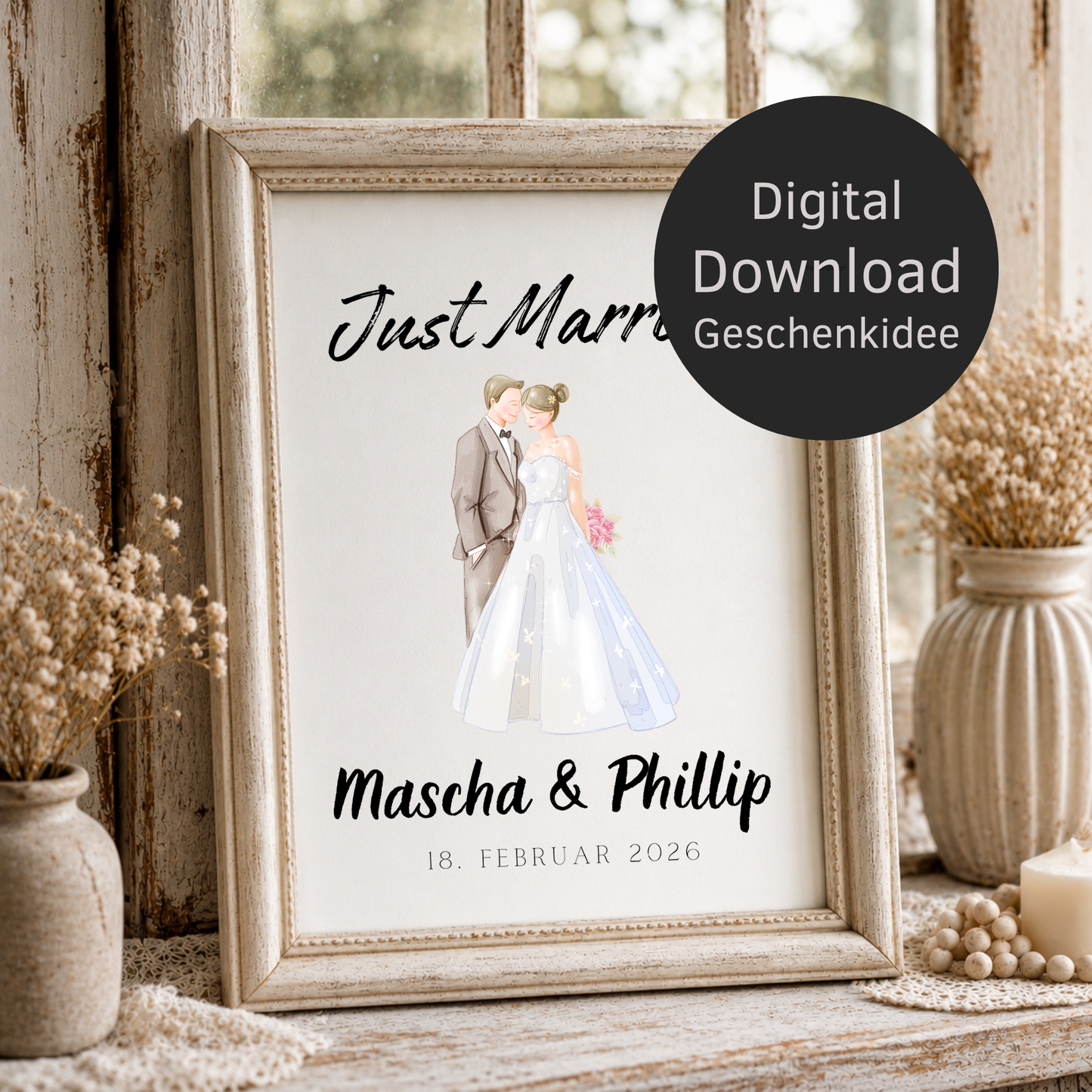 Personalisiertes Hochzeit Poster Just Married mit Brautpaar Illustration, Namen und Datum als Digital Download Printable in DIN A4 zum Ausdrucken und Einrahmen