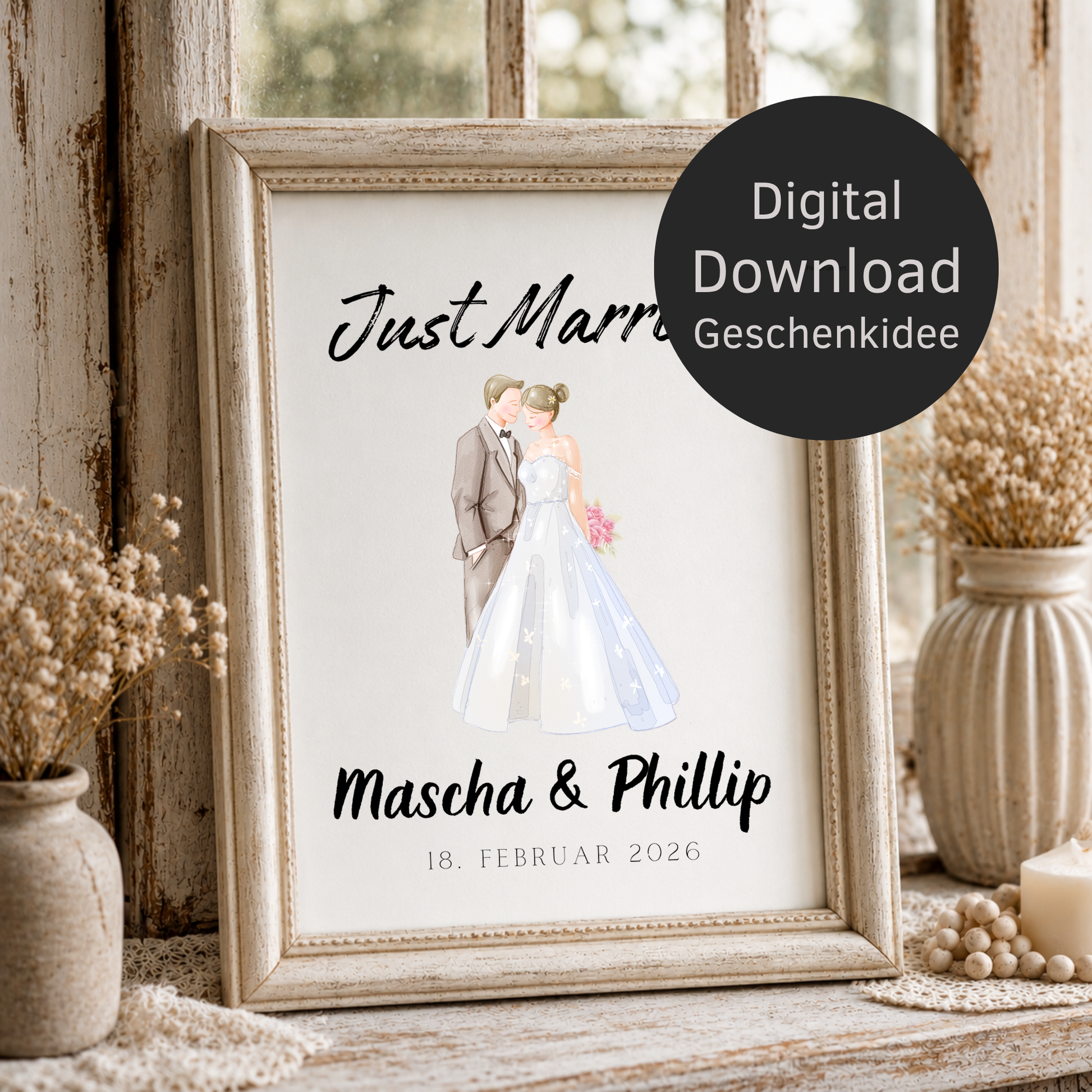 Personalisiertes Hochzeit Poster Just Married mit Brautpaar Illustration, Namen und Datum als Digital Download Printable in DIN A4 zum Ausdrucken und Einrahmen