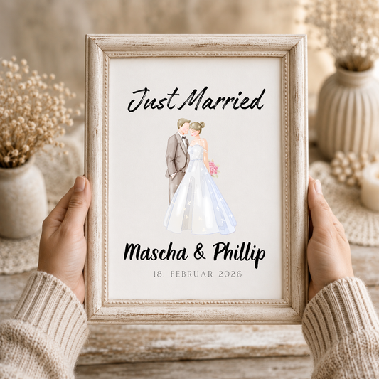 Personalisiertes Hochzeit Poster Just Married mit Brautpaar Illustration, Namen und Datum als Digital Download Printable in DIN A4 zum Ausdrucken und Einrahmen