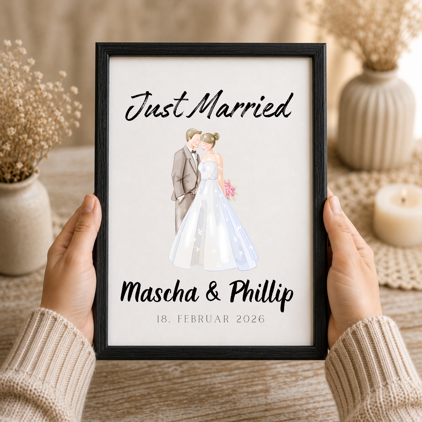 Personalisiertes Hochzeit Poster Just Married mit Brautpaar Illustration, Namen und Datum als Digital Download Printable in DIN A4 zum Ausdrucken und Einrahmen