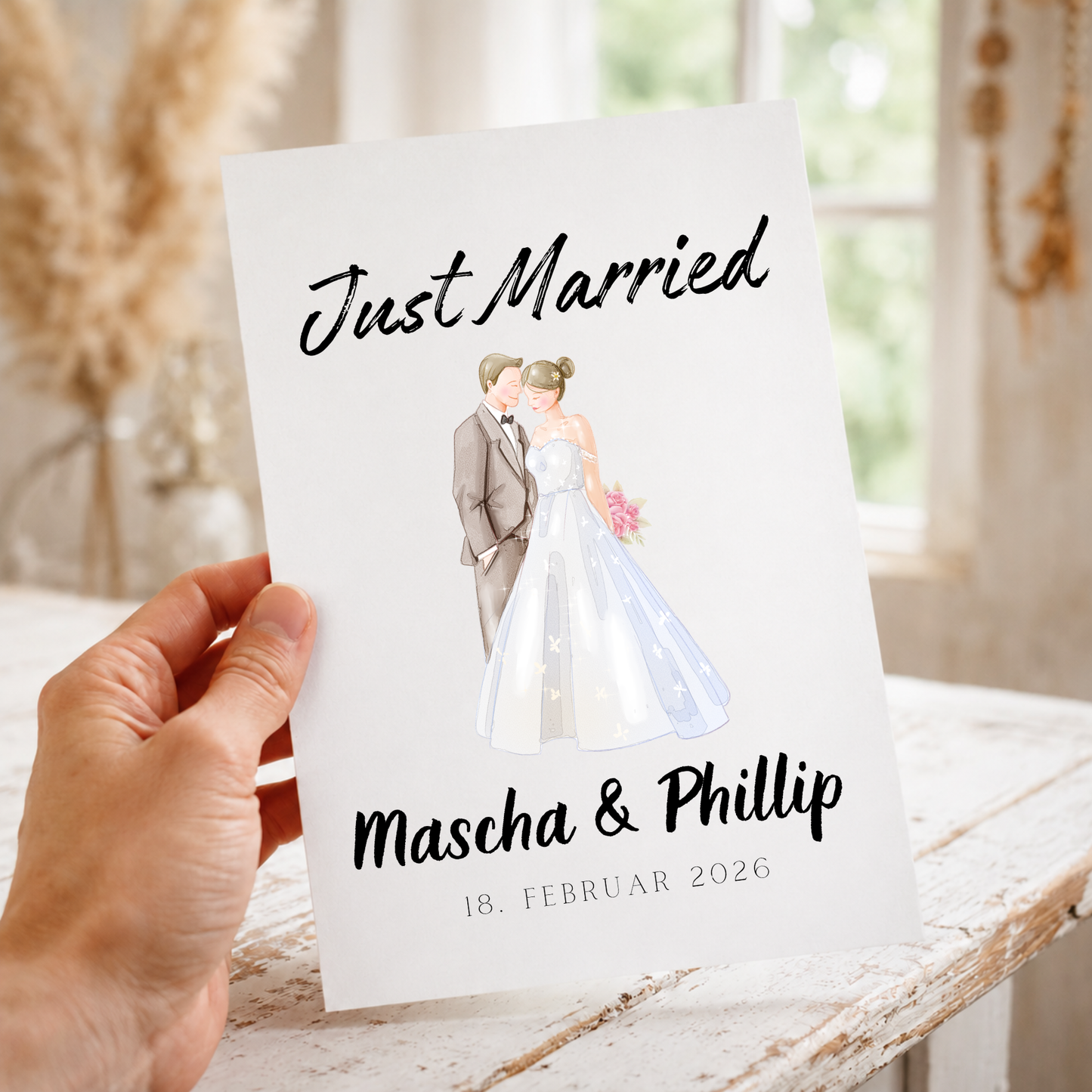 Personalisiertes Hochzeit Poster Just Married mit Brautpaar Illustration, Namen und Datum als Digital Download Printable in DIN A4 zum Ausdrucken und Einrahmen