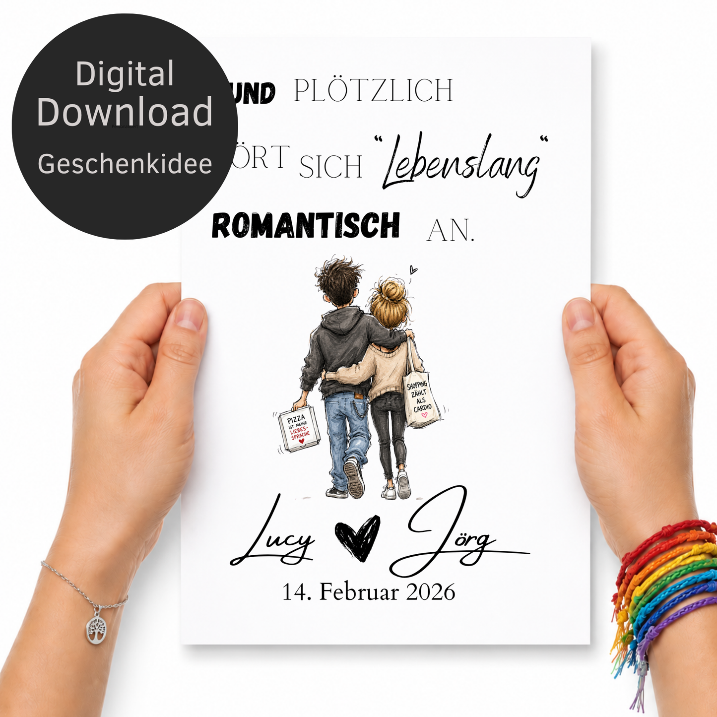 Personalisiertes Hochzeit Poster mit romantischem Spruch „Und plötzlich hört sich lebenslang romantisch an“, verliebtes Paar im Aquarellstil, Digital Download DIN A4 Printable