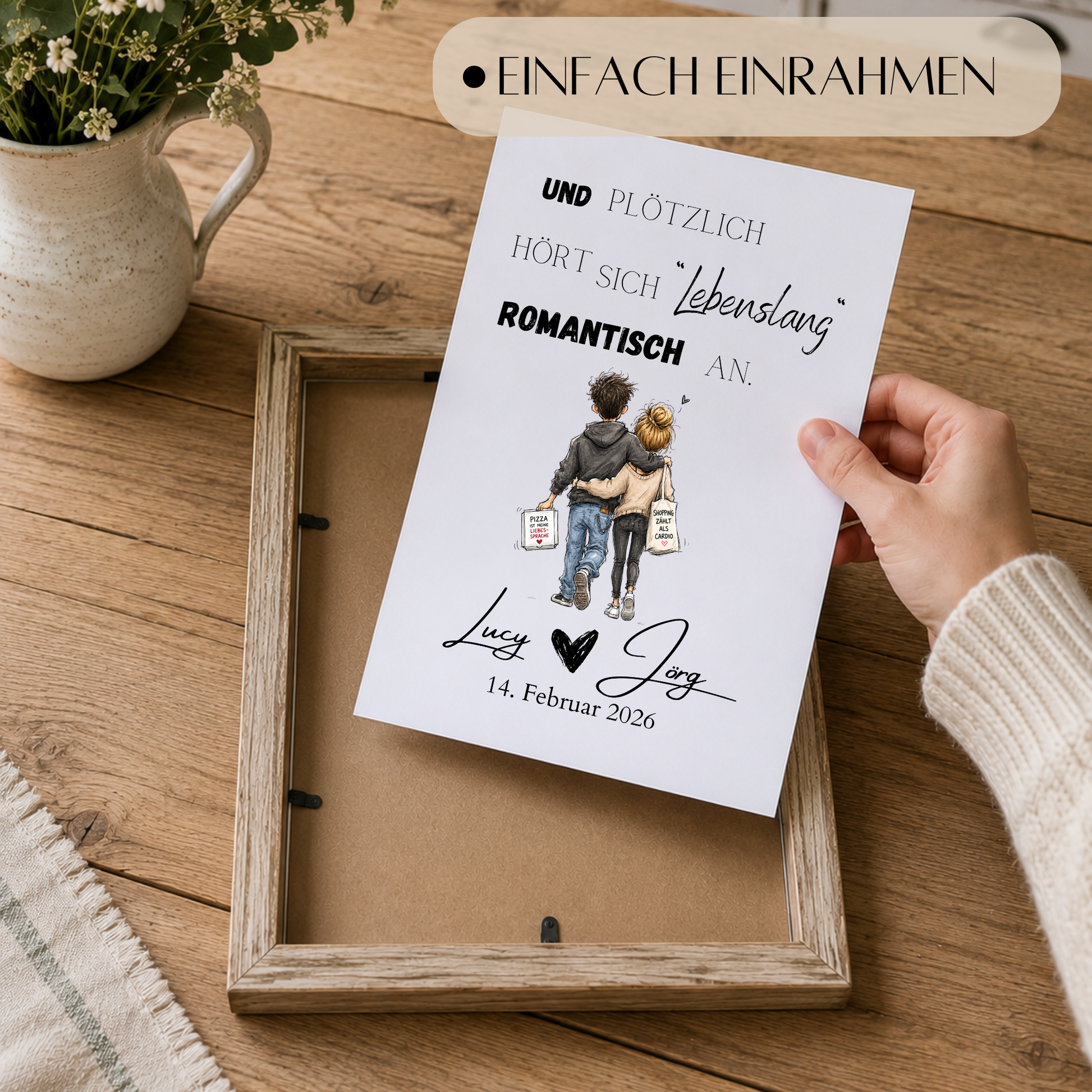 Personalisiertes Hochzeit Poster mit romantischem Spruch „Und plötzlich hört sich lebenslang romantisch an“, verliebtes Paar im Aquarellstil, Digital Download DIN A4 Printable