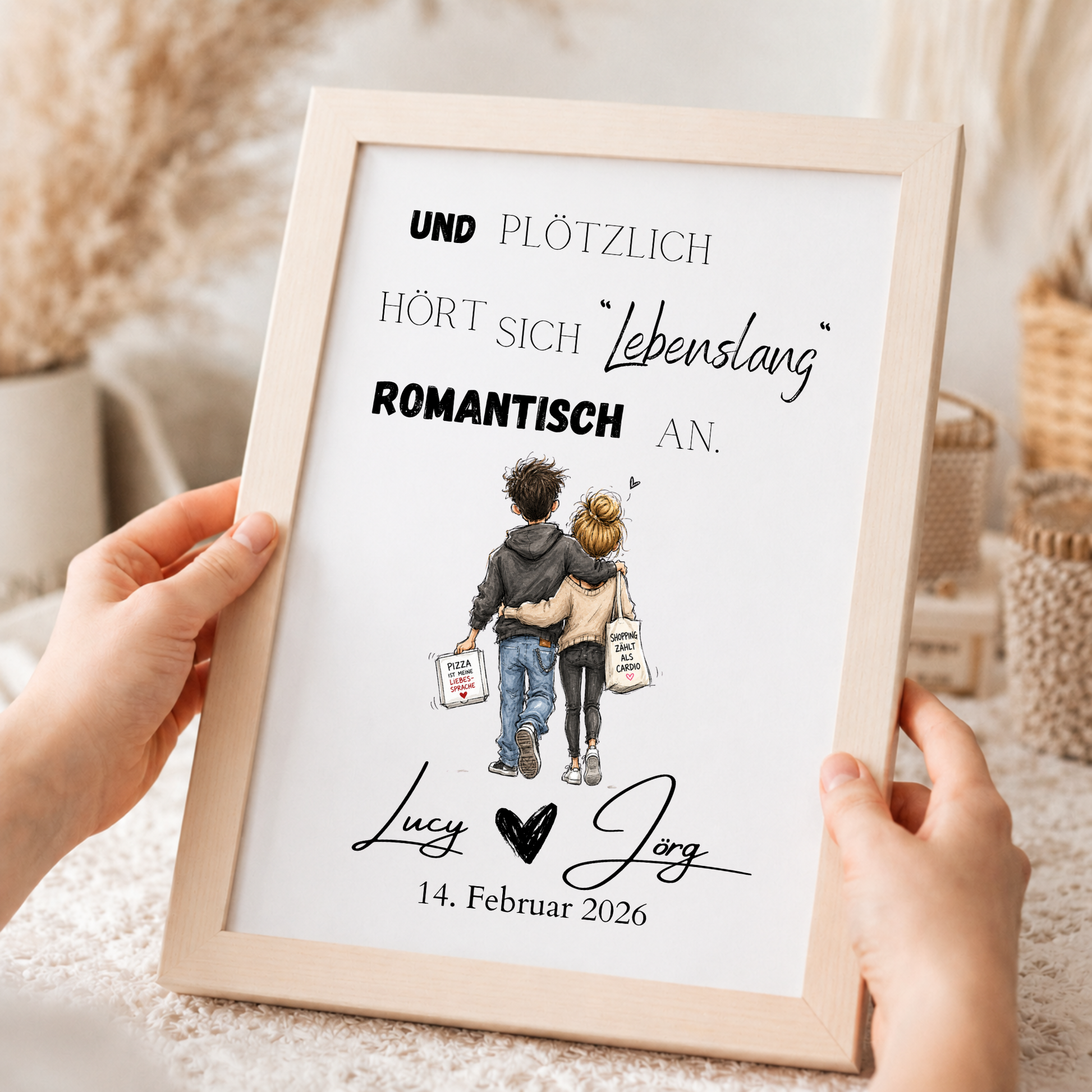 Personalisiertes Hochzeit Poster mit romantischem Spruch „Und plötzlich hört sich lebenslang romantisch an“, verliebtes Paar im Aquarellstil, Digital Download DIN A4 Printable