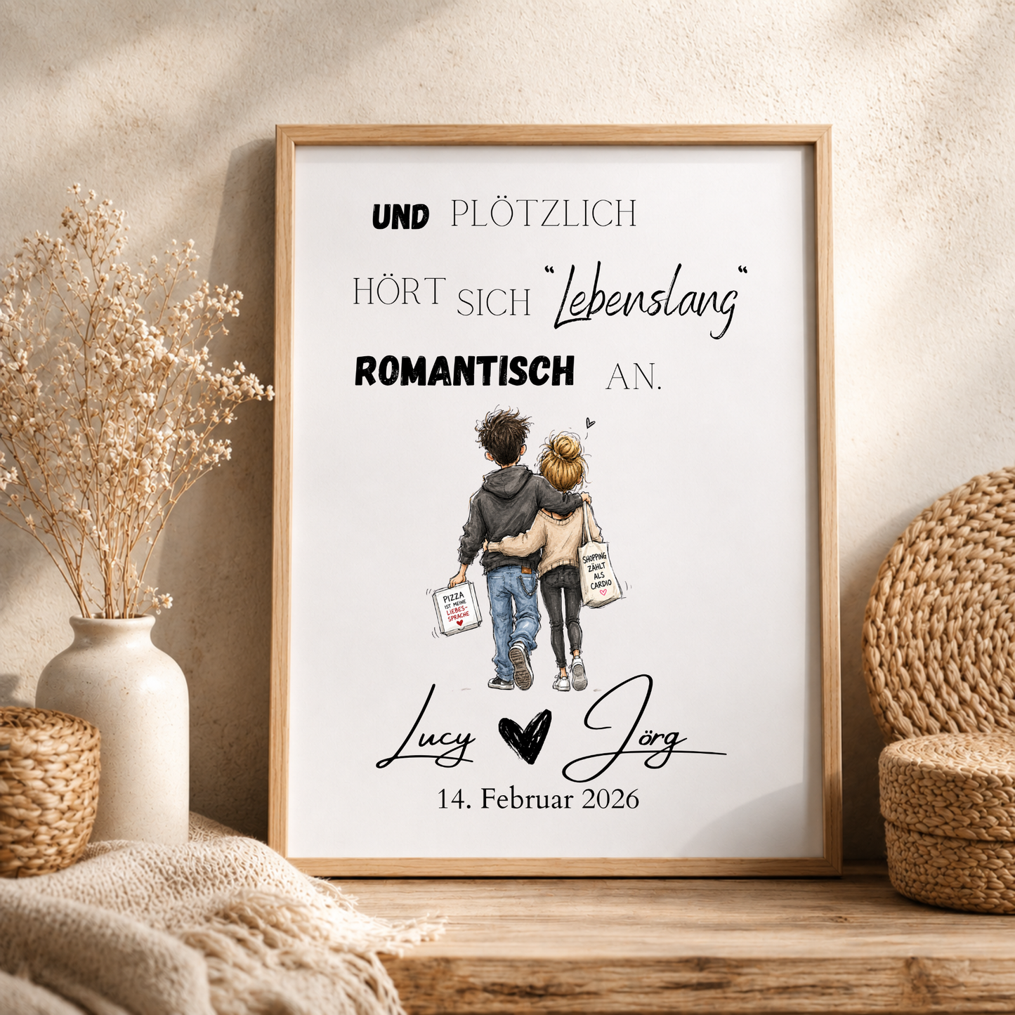 Personalisiertes Hochzeit Poster mit romantischem Spruch „Und plötzlich hört sich lebenslang romantisch an“, verliebtes Paar im Aquarellstil, Digital Download DIN A4 Printable
