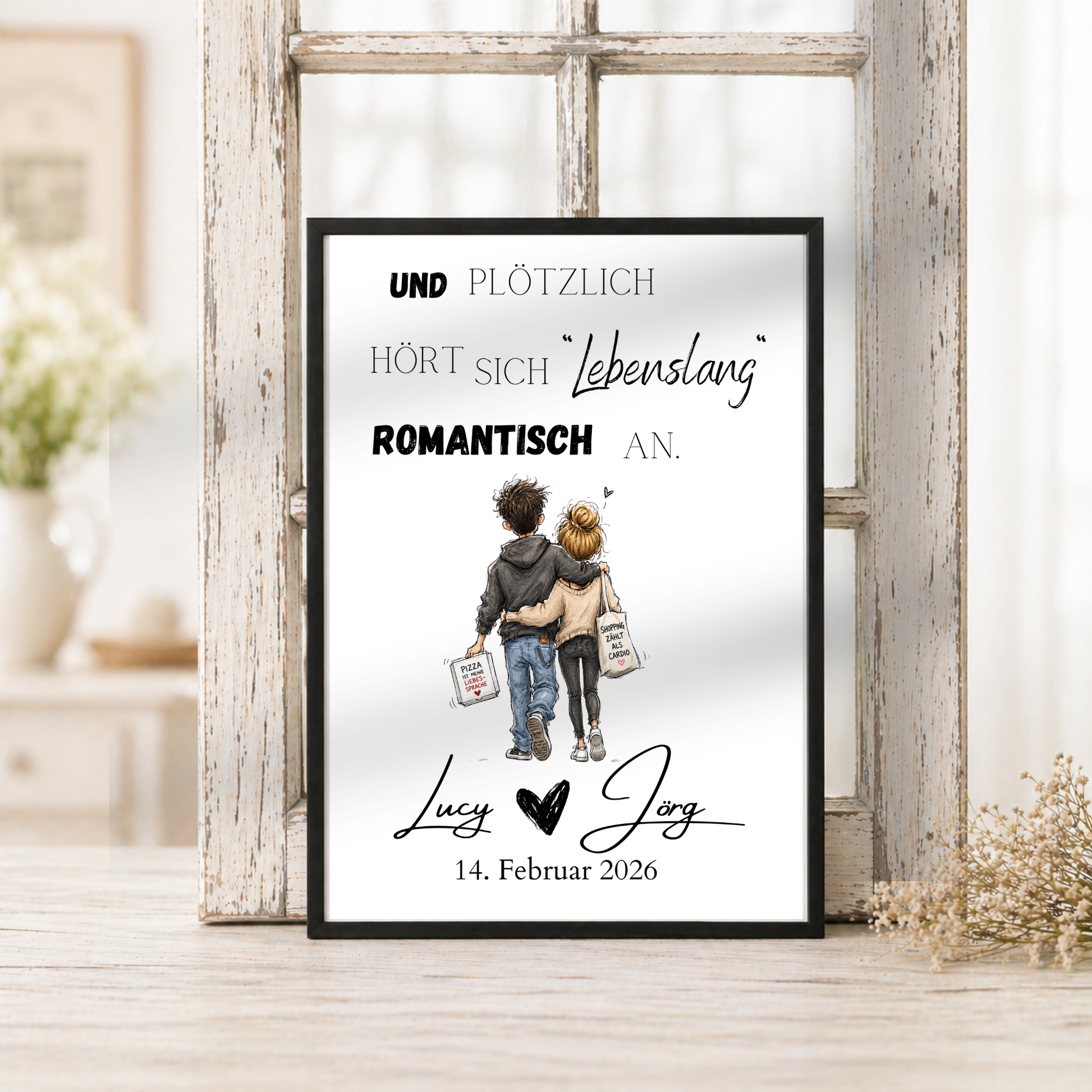 Personalisiertes Hochzeit Poster mit romantischem Spruch „Und plötzlich hört sich lebenslang romantisch an“, verliebtes Paar im Aquarellstil, Digital Download DIN A4 Printable