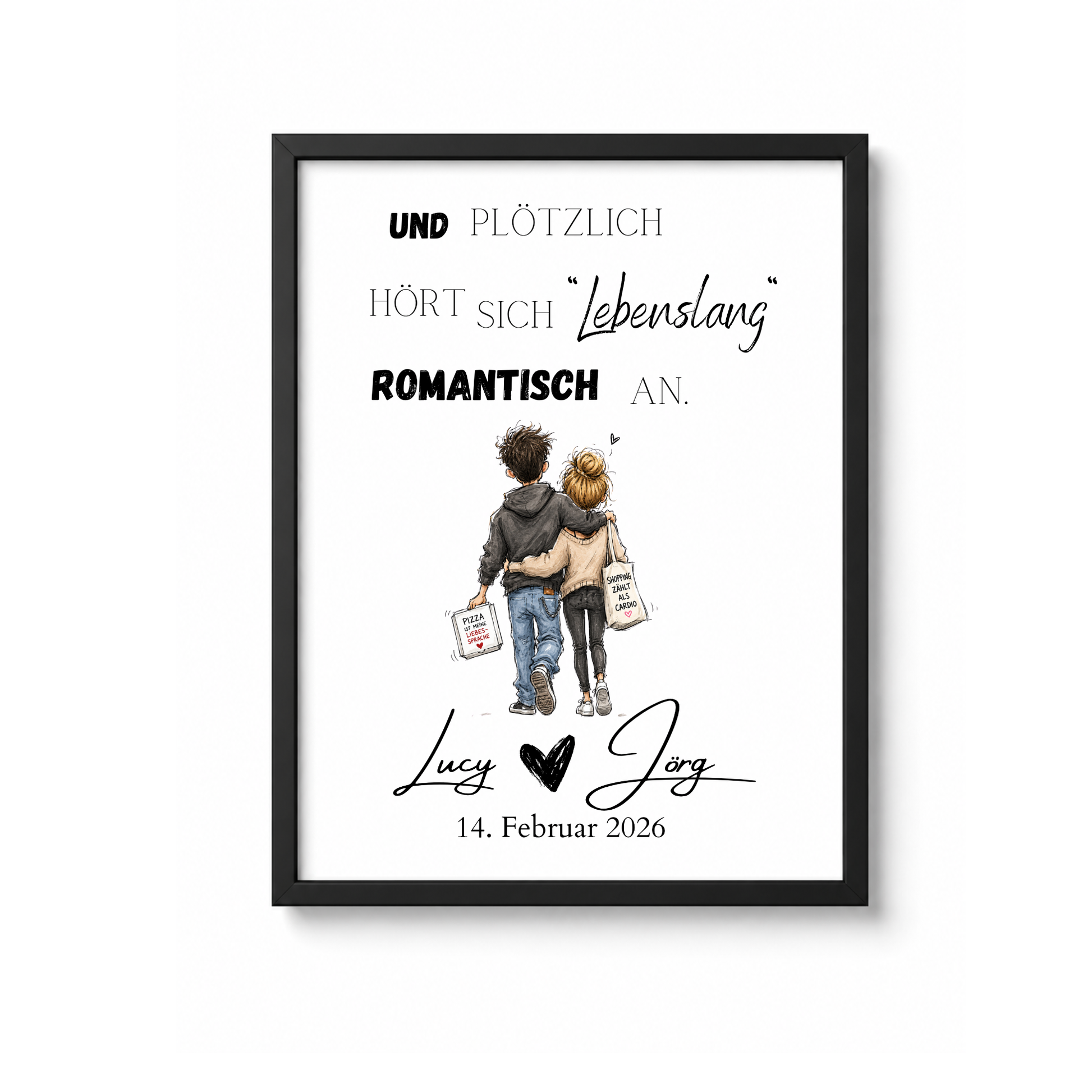 Personalisiertes Hochzeit Poster mit romantischem Spruch „Und plötzlich hört sich lebenslang romantisch an“, verliebtes Paar im Aquarellstil, Digital Download DIN A4 Printable
