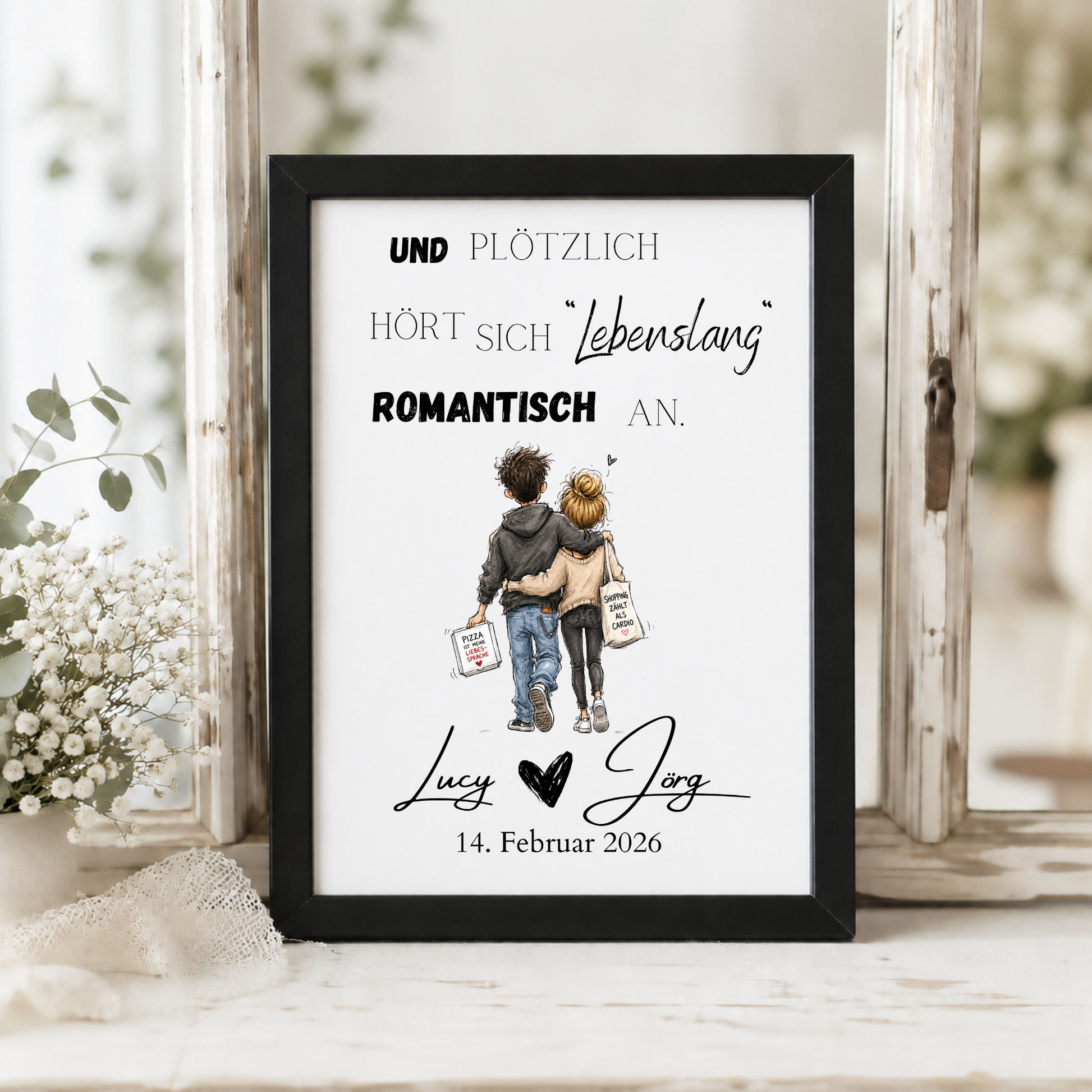 Personalisiertes Hochzeit Poster mit romantischem Spruch „Und plötzlich hört sich lebenslang romantisch an“, verliebtes Paar im Aquarellstil, Digital Download DIN A4 Printable