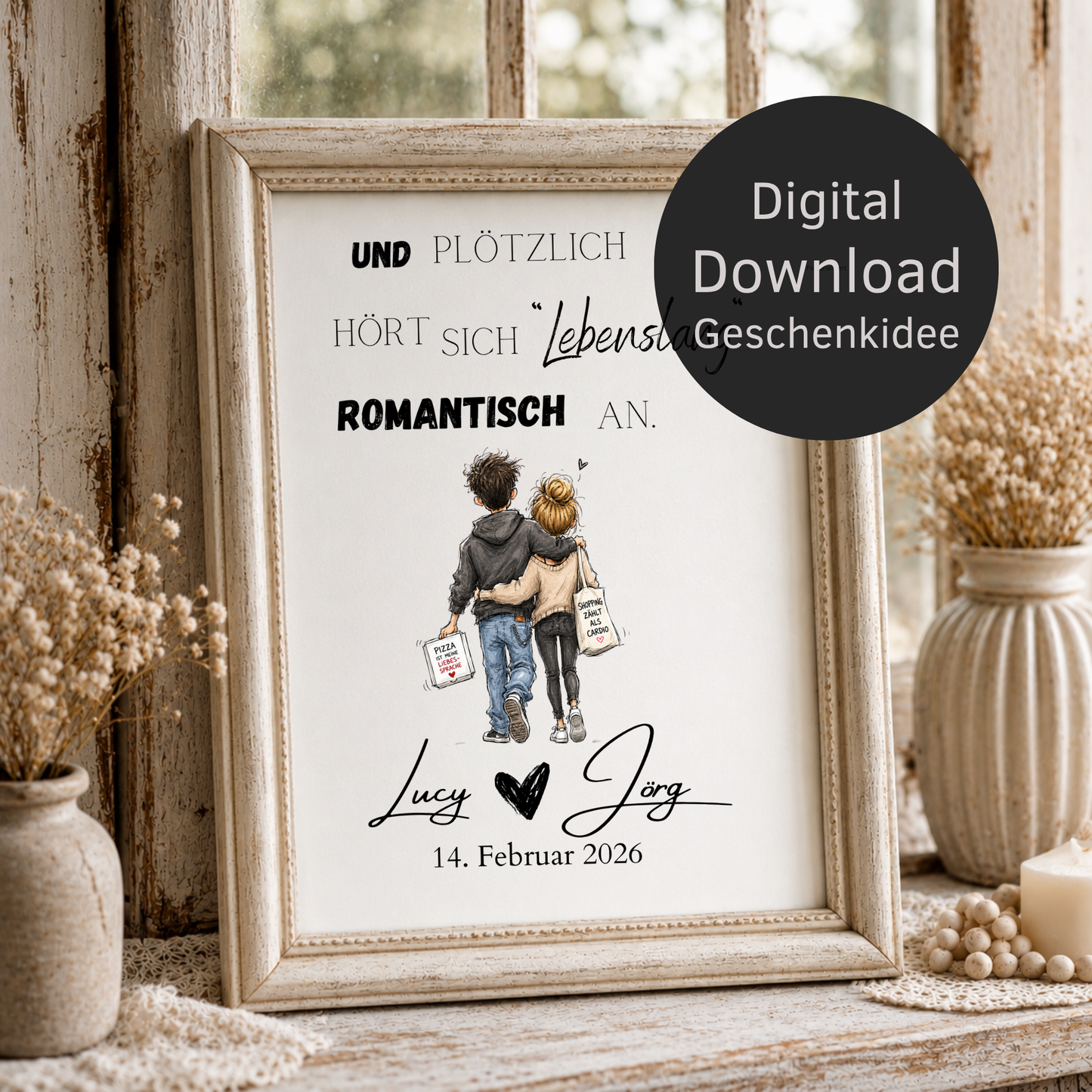 Personalisiertes Hochzeit Poster mit romantischem Spruch „Und plötzlich hört sich lebenslang romantisch an“, verliebtes Paar im Aquarellstil, Digital Download DIN A4 Printable