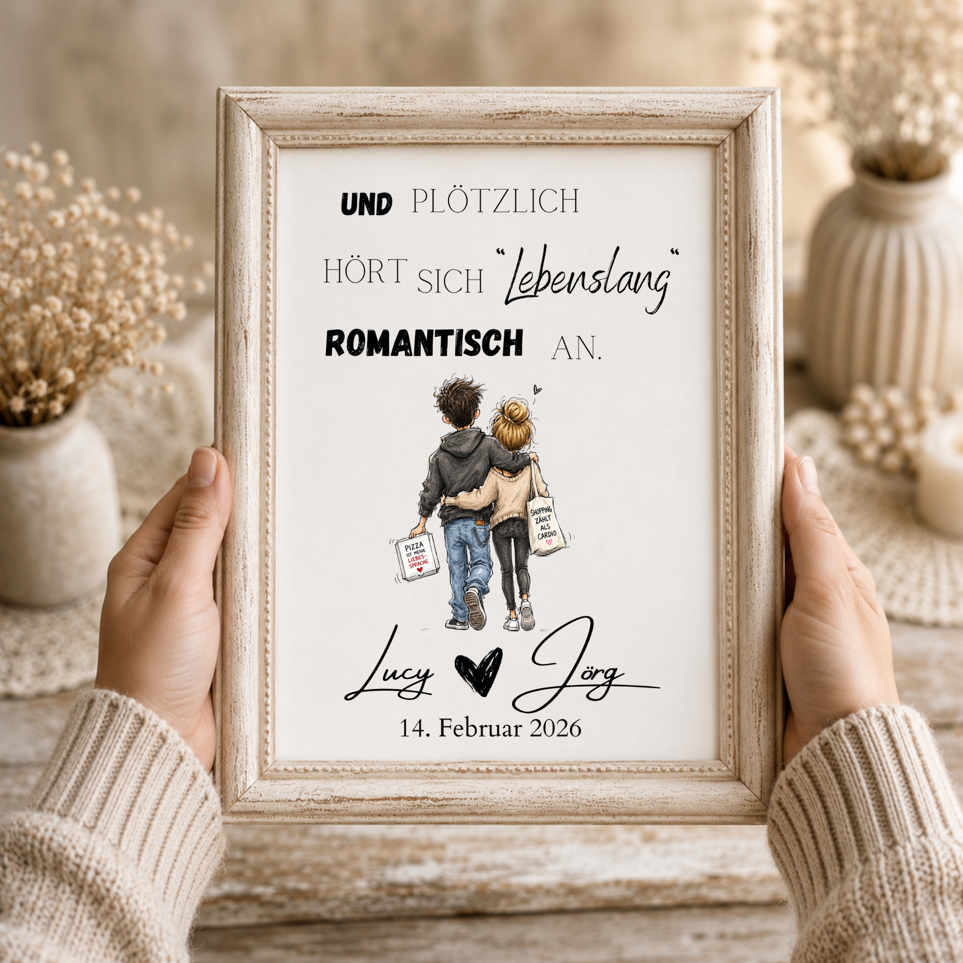 Personalisiertes Hochzeit Poster mit romantischem Spruch „Und plötzlich hört sich lebenslang romantisch an“, verliebtes Paar im Aquarellstil, Digital Download DIN A4 Printable