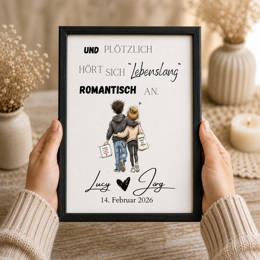 Personalisiertes Hochzeit Poster mit romantischem Spruch „Und plötzlich hört sich lebenslang romantisch an“, verliebtes Paar im Aquarellstil, Digital Download DIN A4 Printable
