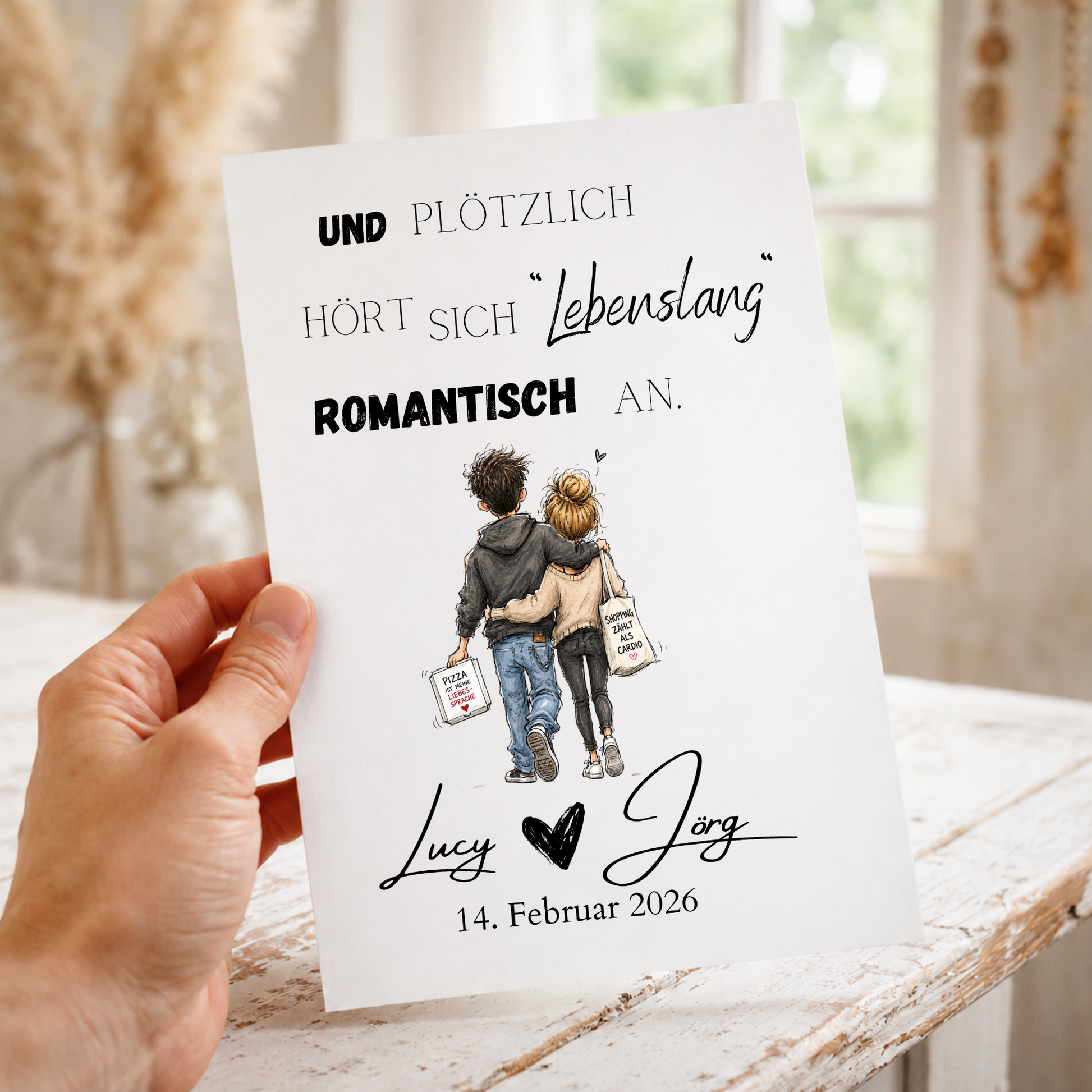 Personalisiertes Hochzeit Poster mit romantischem Spruch „Und plötzlich hört sich lebenslang romantisch an“, verliebtes Paar im Aquarellstil, Digital Download DIN A4 Printable
