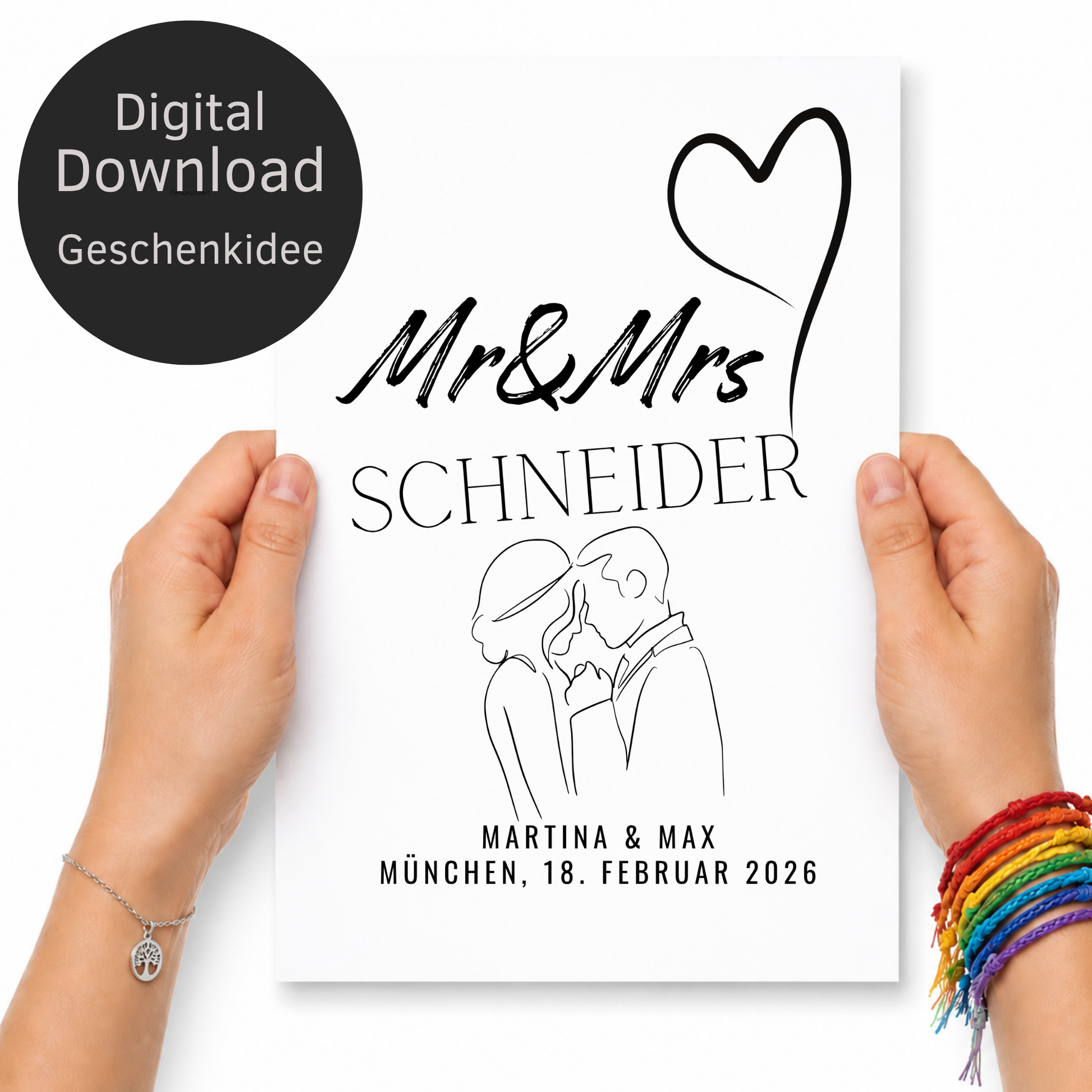 Personalisiertes Hochzeit Poster mit Brautpaar Skizze, Namen und Datum im minimalistischen Schwarz-Weiß Design als Digital Download zum Ausdrucken.