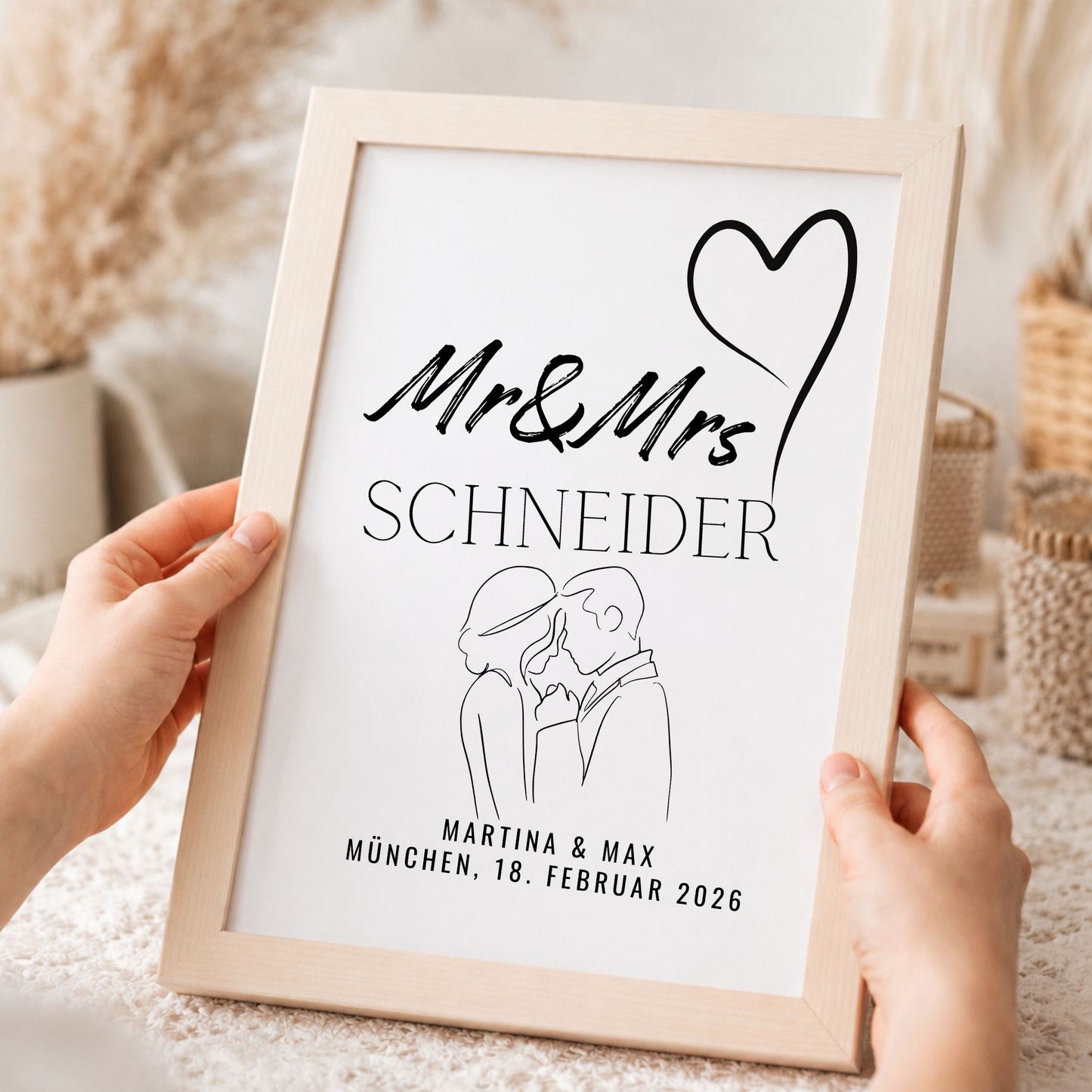 Personalisiertes Hochzeit Poster mit Brautpaar Skizze, Namen und Datum im minimalistischen Schwarz-Weiß Design als Digital Download zum Ausdrucken.