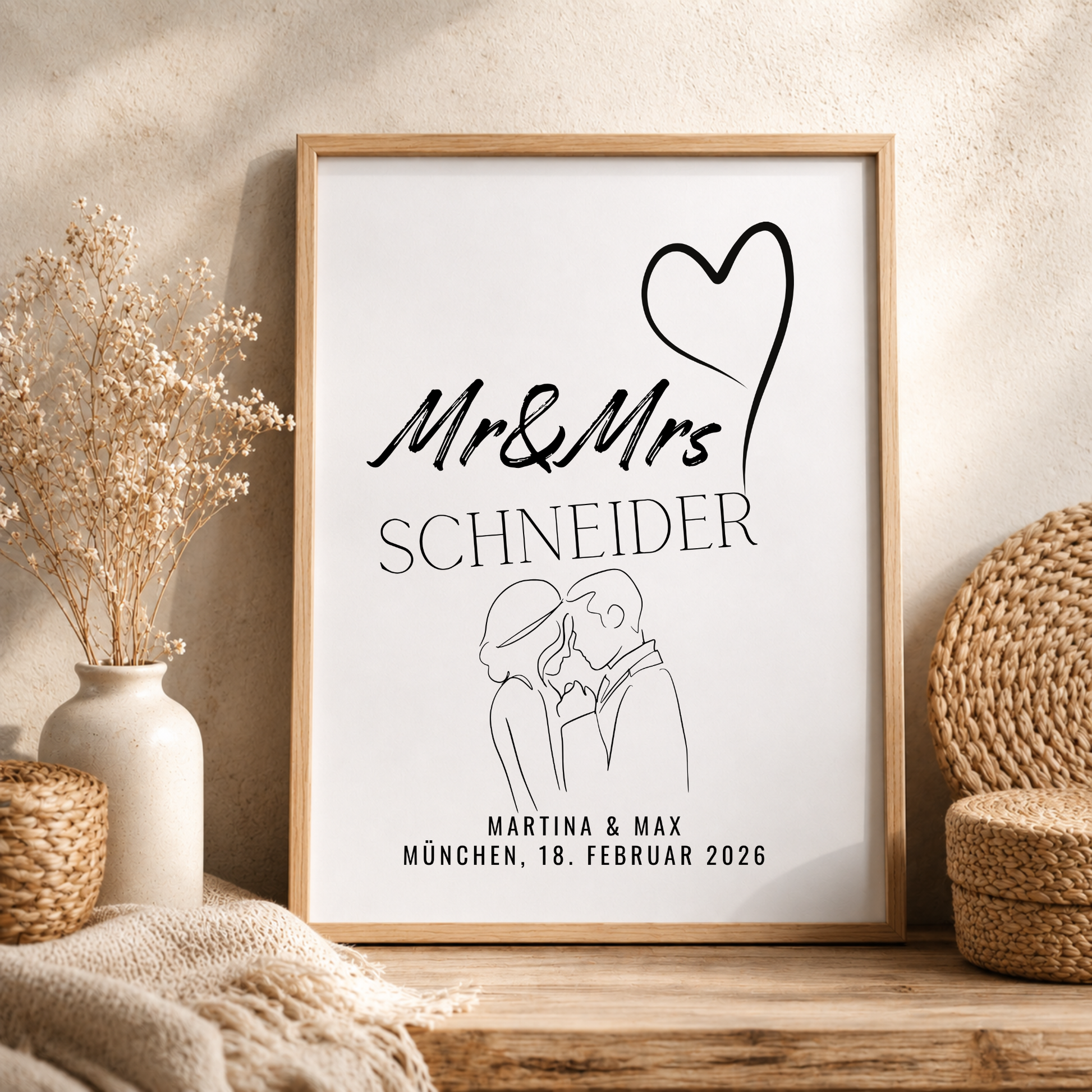 Personalisiertes Hochzeit Poster mit Brautpaar Skizze, Namen und Datum im minimalistischen Schwarz-Weiß Design als Digital Download zum Ausdrucken.