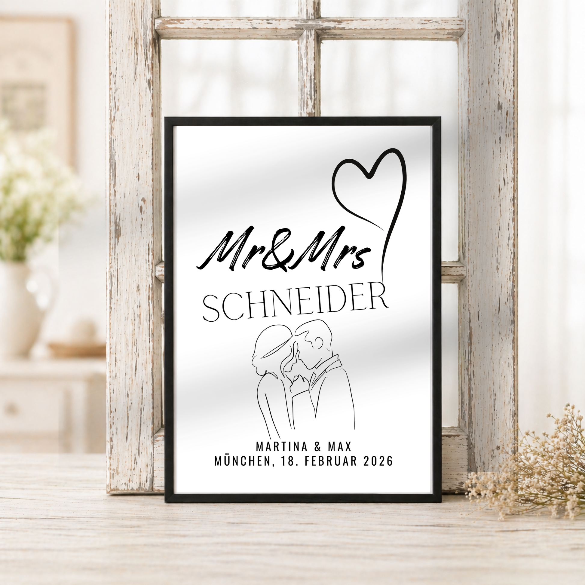 Personalisiertes Hochzeit Poster mit Brautpaar Skizze, Namen und Datum im minimalistischen Schwarz-Weiß Design als Digital Download zum Ausdrucken.