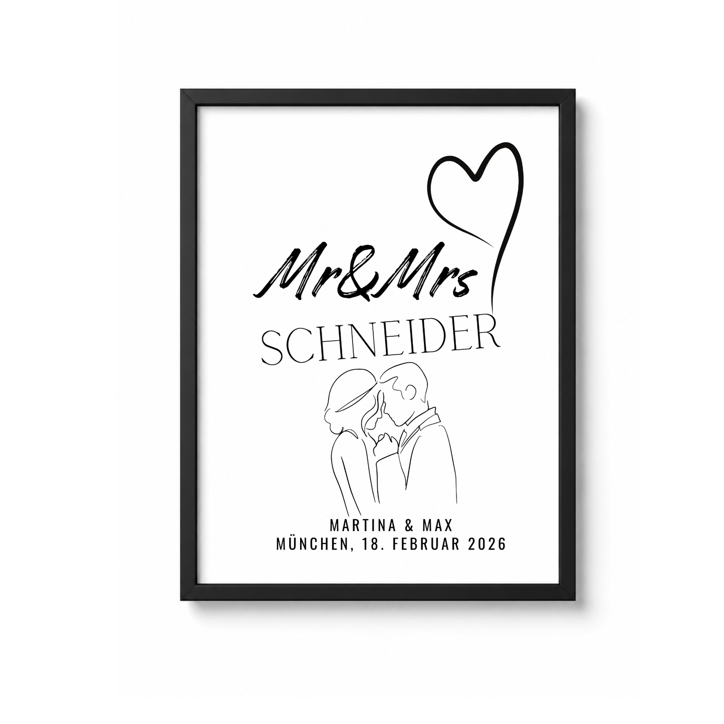 Personalisiertes Hochzeit Poster mit Brautpaar Skizze, Namen und Datum im minimalistischen Schwarz-Weiß Design als Digital Download zum Ausdrucken.