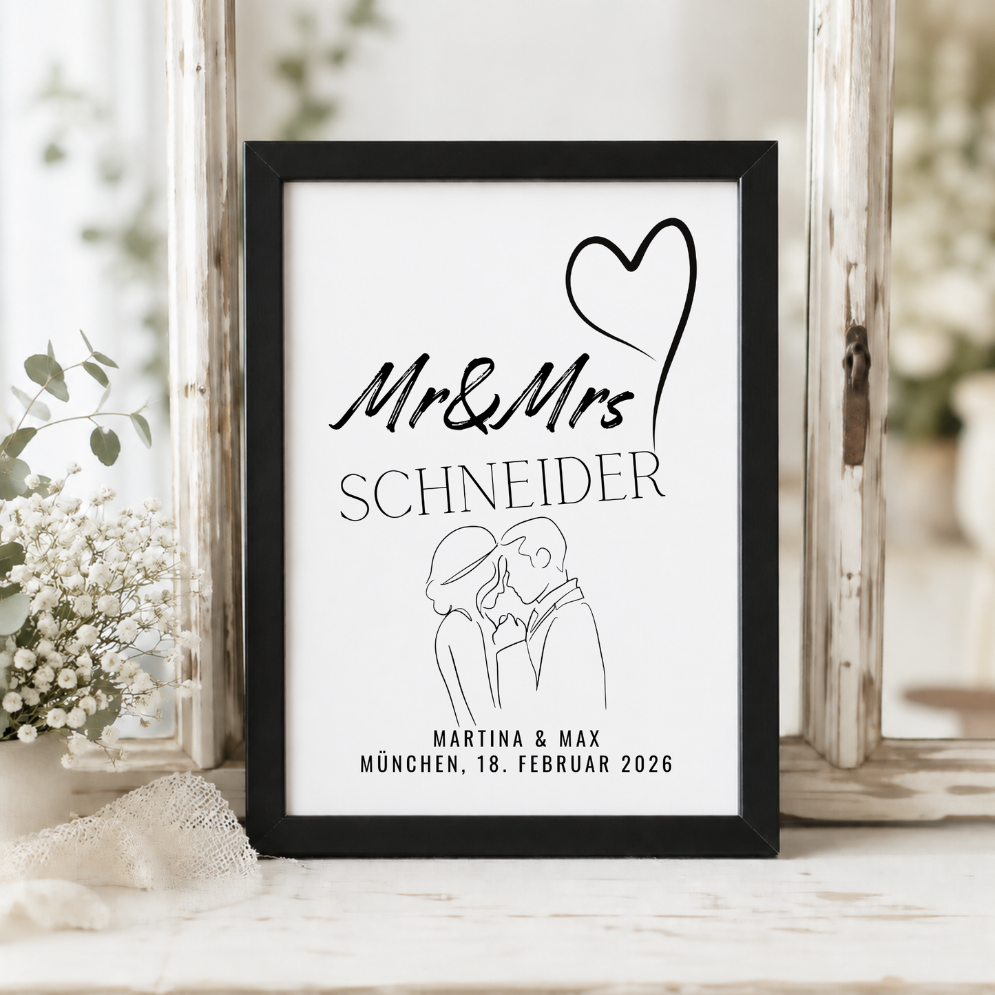 Personalisiertes Hochzeit Poster mit Brautpaar Skizze, Namen und Datum im minimalistischen Schwarz-Weiß Design als Digital Download zum Ausdrucken.
