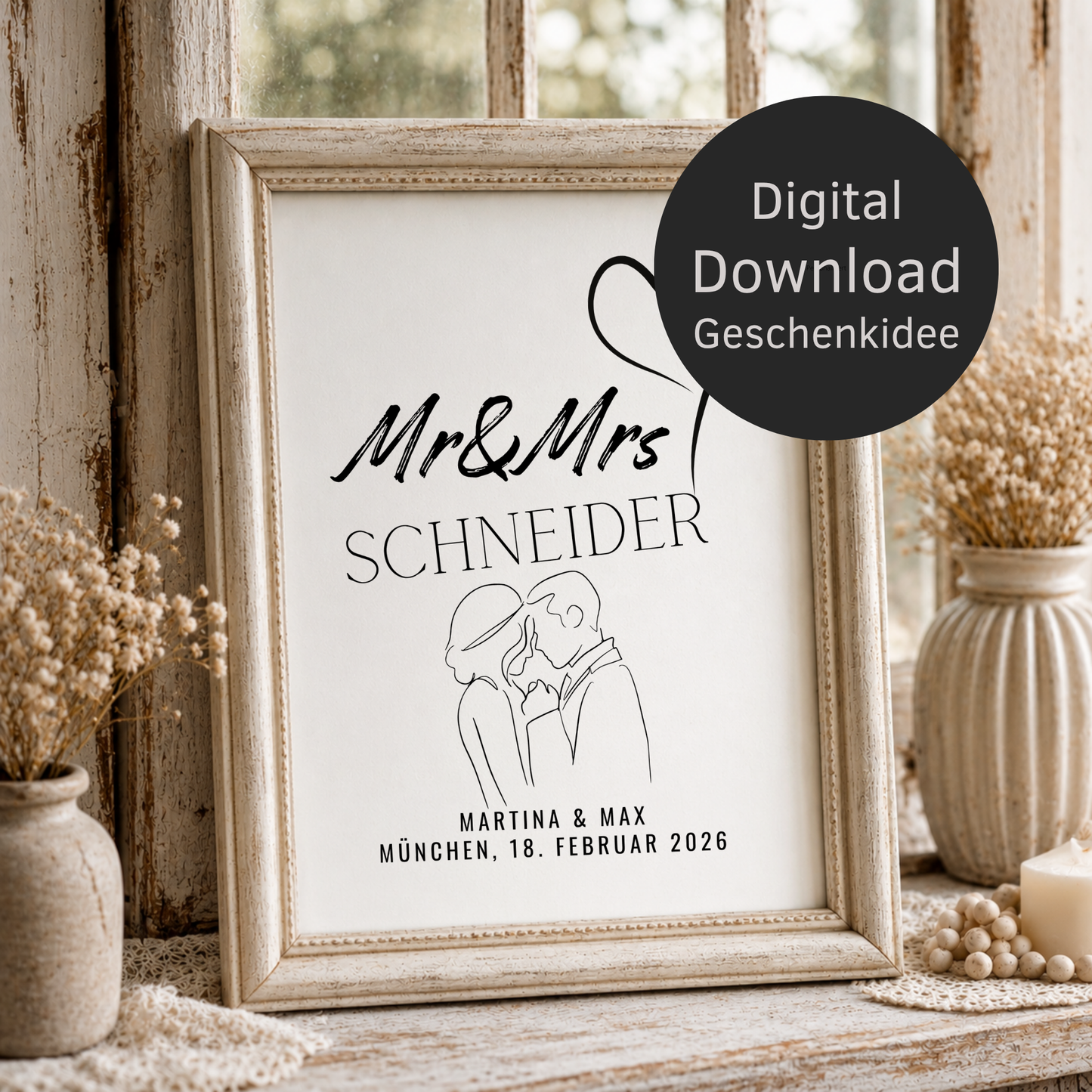 Personalisiertes Hochzeit Poster mit Brautpaar Skizze, Namen und Datum im minimalistischen Schwarz-Weiß Design als Digital Download zum Ausdrucken.