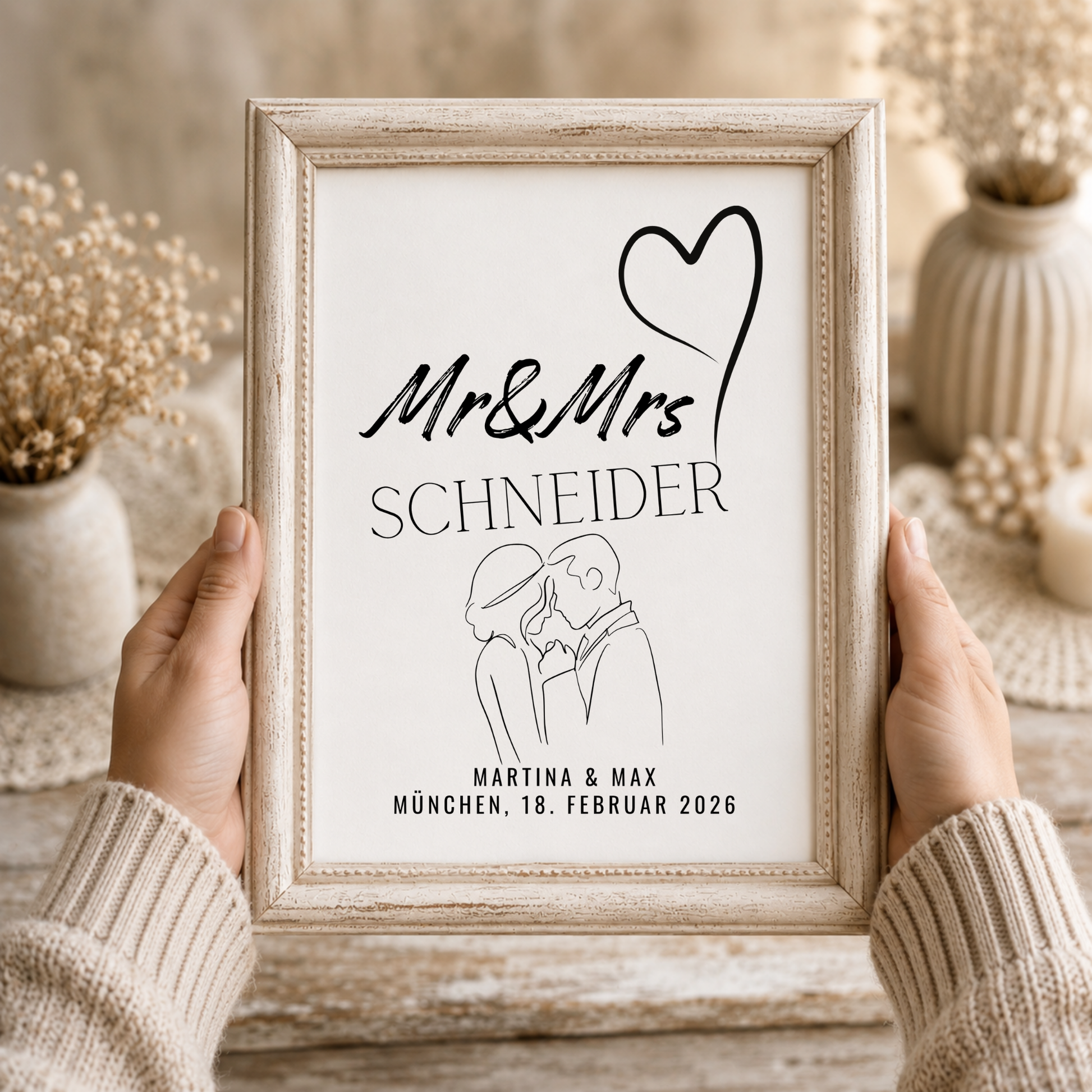 Personalisiertes Hochzeit Poster mit Brautpaar Skizze, Namen und Datum im minimalistischen Schwarz-Weiß Design als Digital Download zum Ausdrucken.