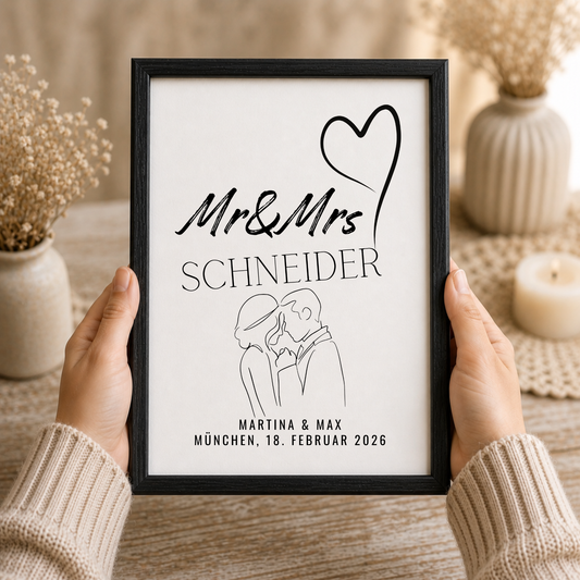 Personalisiertes Hochzeit Poster mit Brautpaar Skizze, Namen und Datum im minimalistischen Schwarz-Weiß Design als Digital Download zum Ausdrucken.