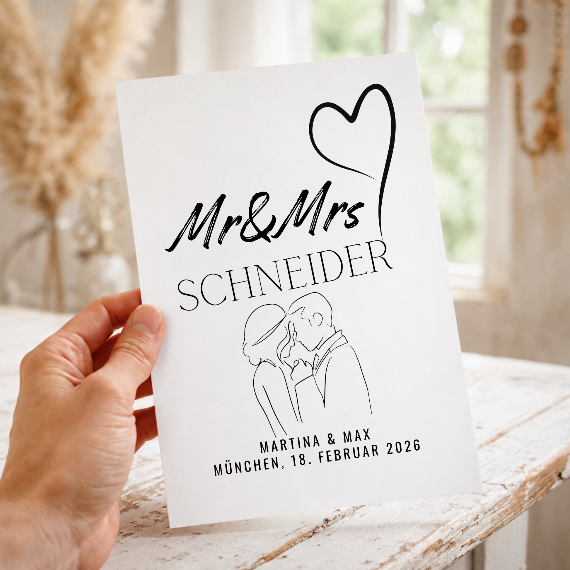 Personalisiertes Hochzeit Poster mit Brautpaar Skizze, Namen und Datum im minimalistischen Schwarz-Weiß Design als Digital Download zum Ausdrucken.